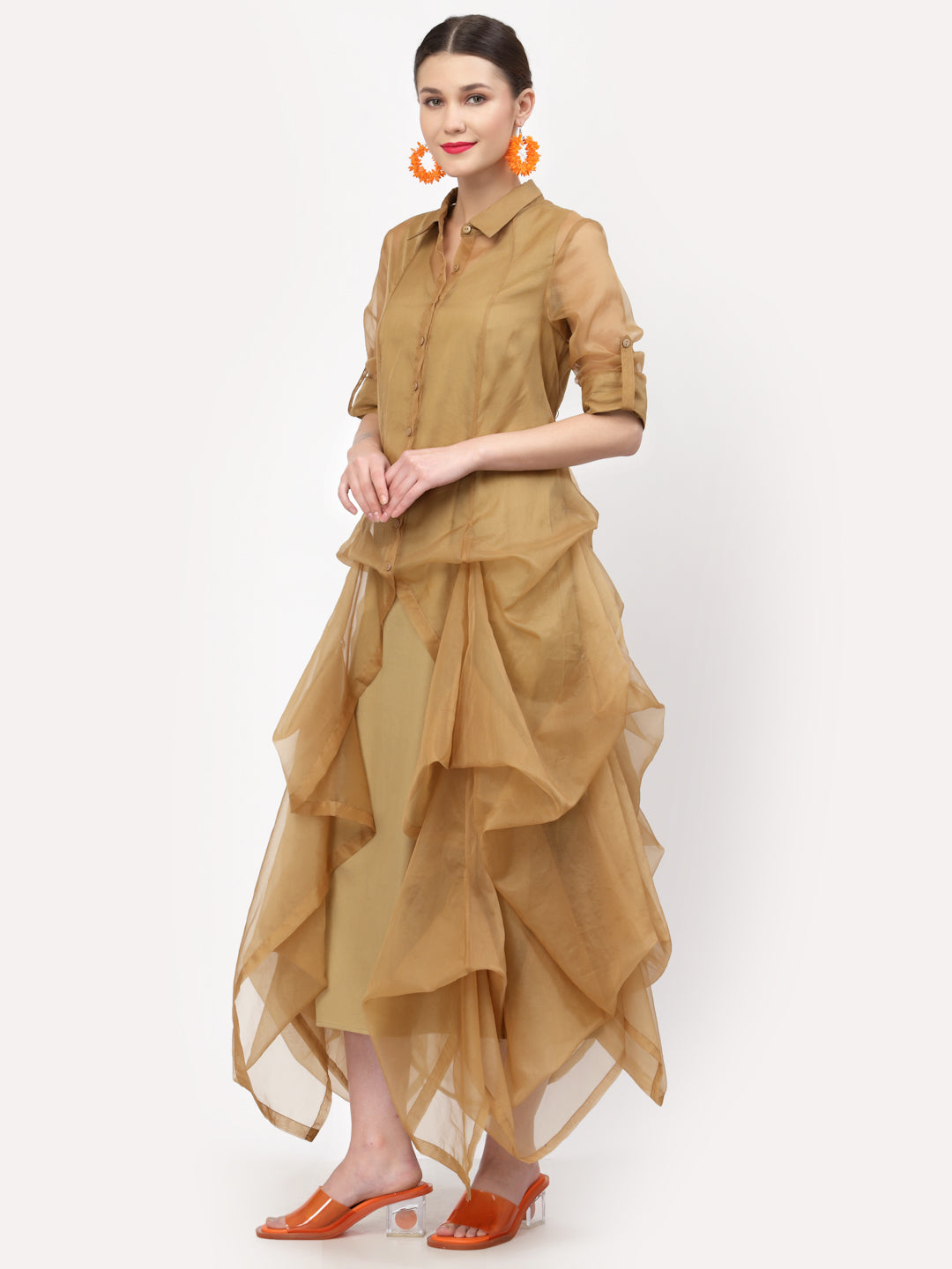 Beige Organza Drape Dresses for Ladies-1