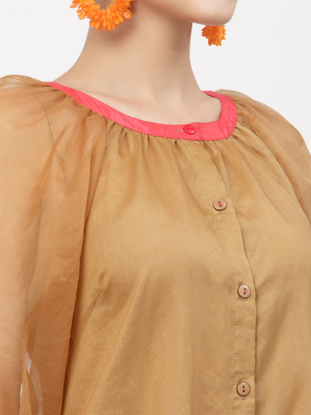 Beige Organza Dress With Puff Sleeves & Pink Piping, Mesh Dress , Party dress , Holographic print dress , sequins dress 