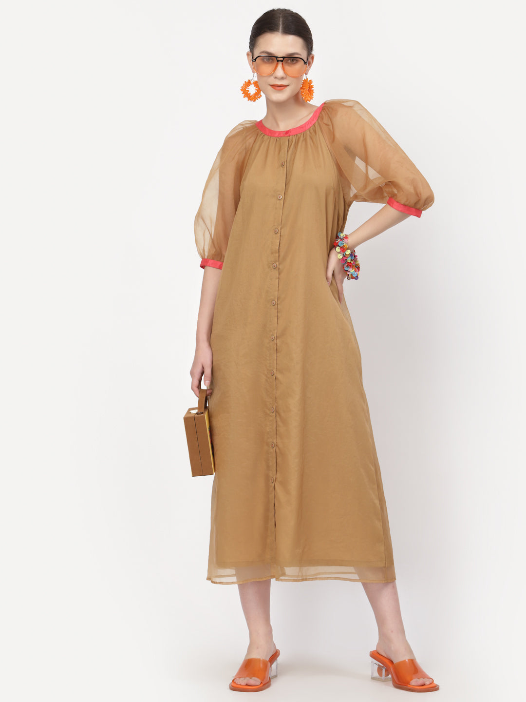 Beige Organza Dress With Puff Sleeves & Pink Piping, Mesh Dress , Party dress , Holographic print dress , sequins dress 