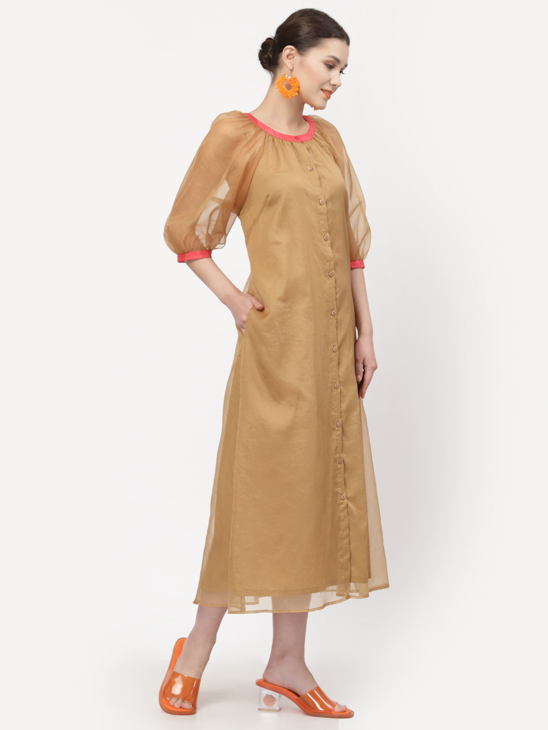 Beige Organza Dress With Puff Sleeves & Pink Piping, Mesh Dress , Party dress , Holographic print dress , sequins dress 