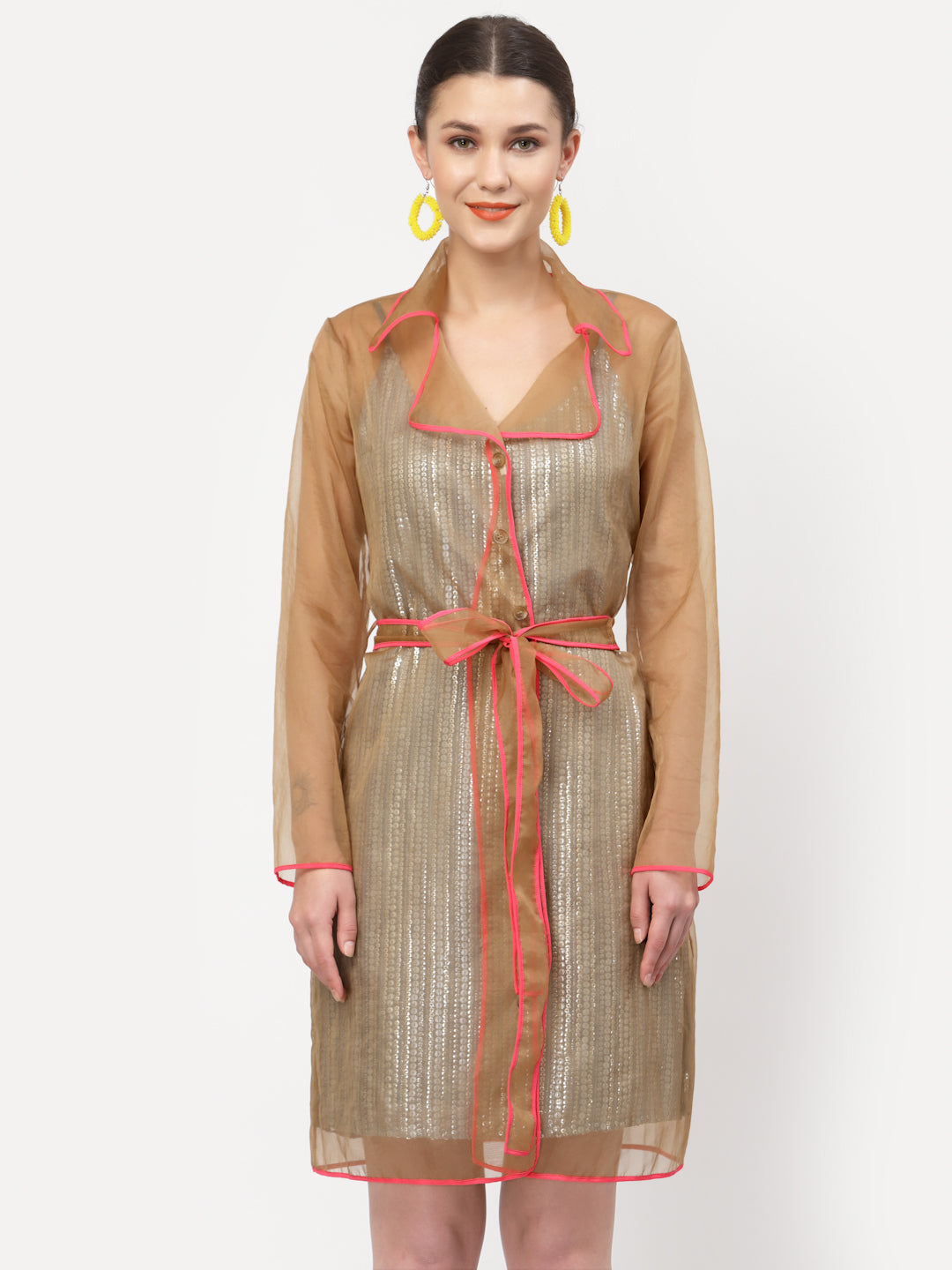 Beige Organza Jacket With Pink Piping – LELA By Varija