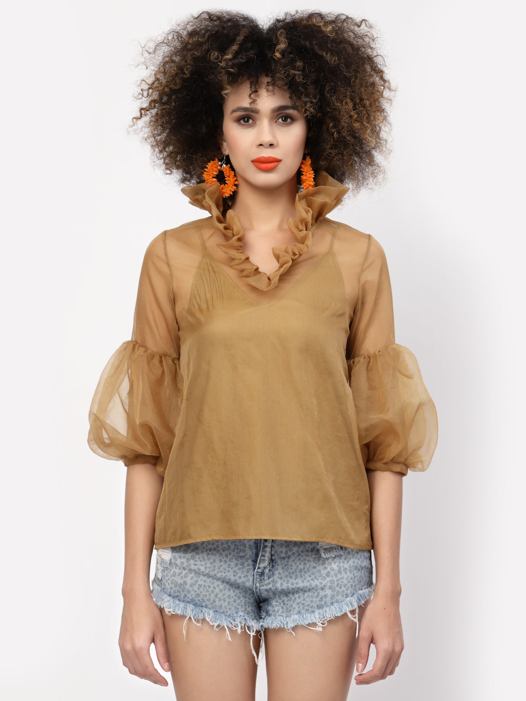 Beige Organza Top With Puff Sleeves & Lycra Inner