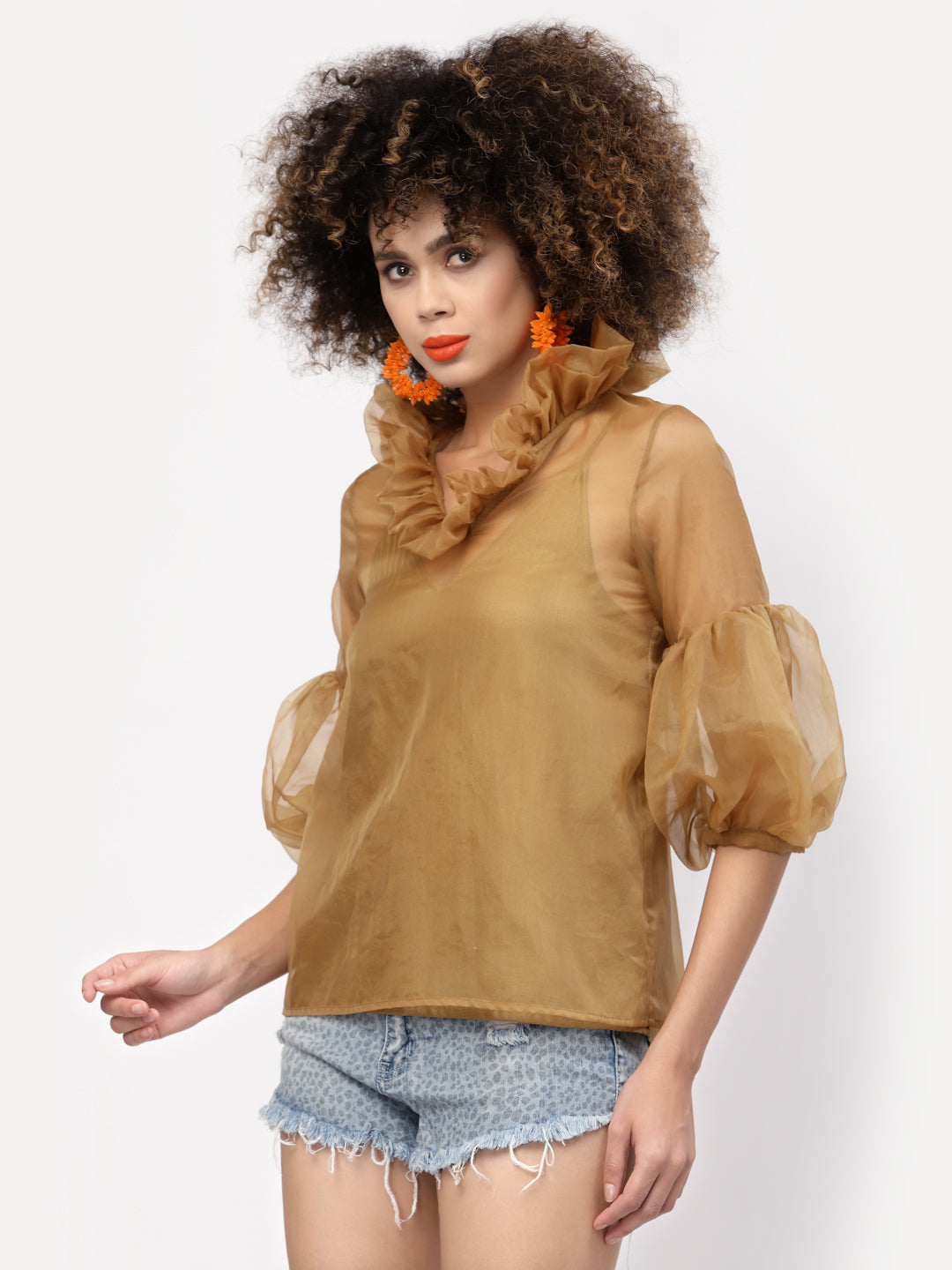 Beige Organza Top With Puff Sleeves & Lycra Inner, tops for women, crop top, crop tops for women, organza tops