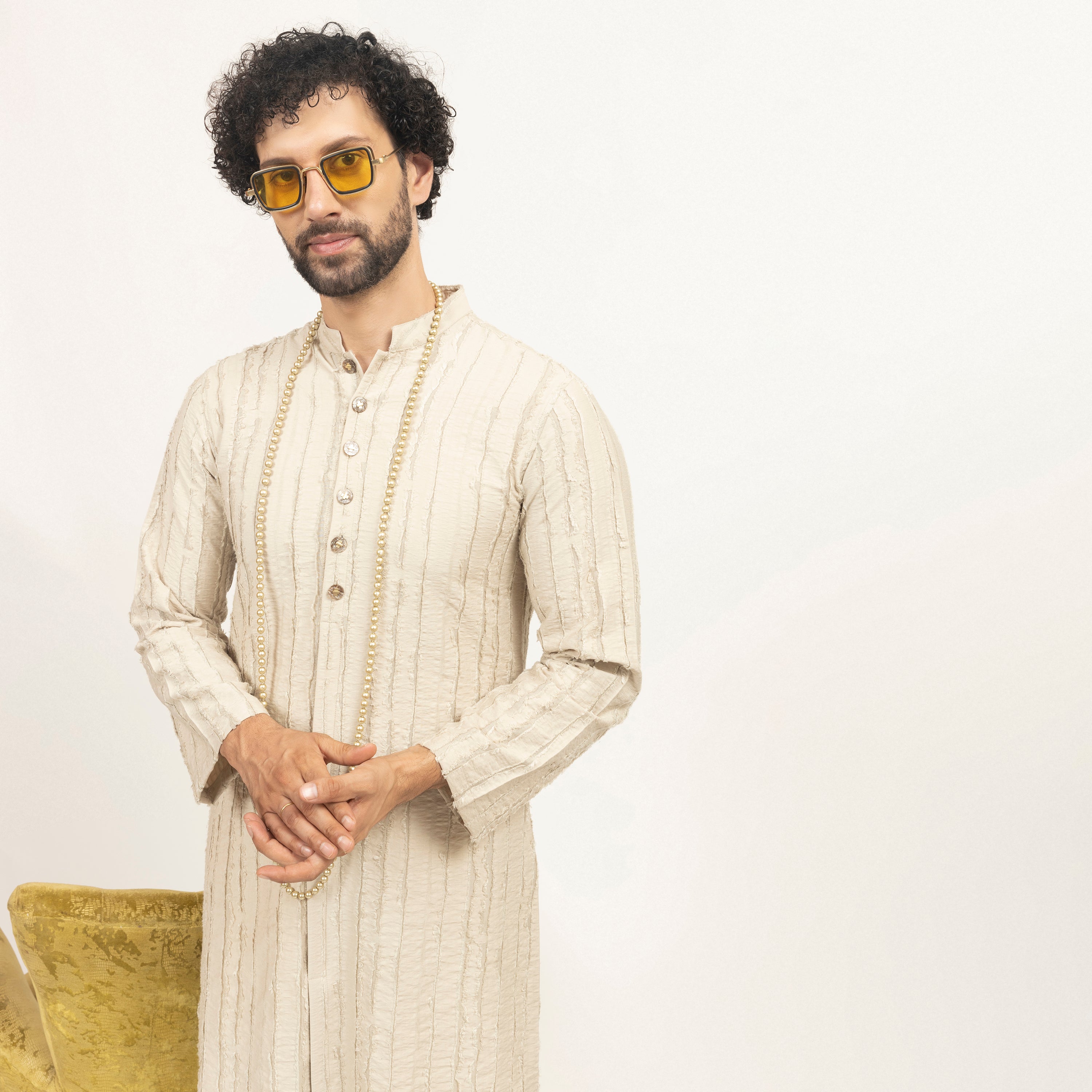 Beige Patch Textured Kurta, kurta for men, party wear kurta for men, design, designer kurta for men, color, sleeve design 