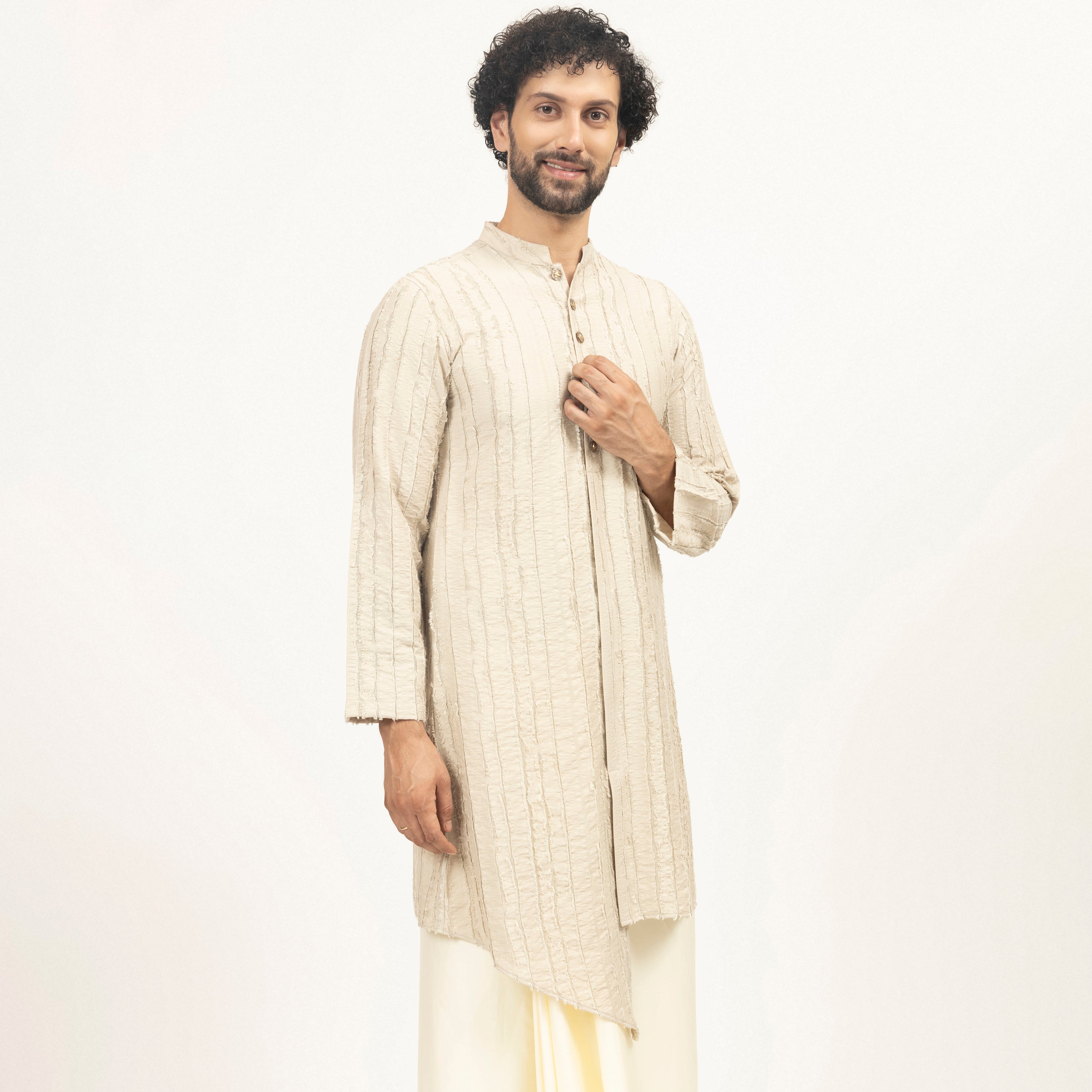 Beige Patch Textured Kurta, kurta for men, party wear kurta for men, design, designer kurta for men, color, sleeve design 