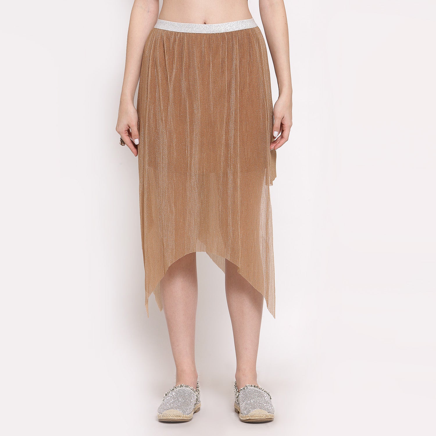 Beige Plisse Asymmetric Skirt for Women-3