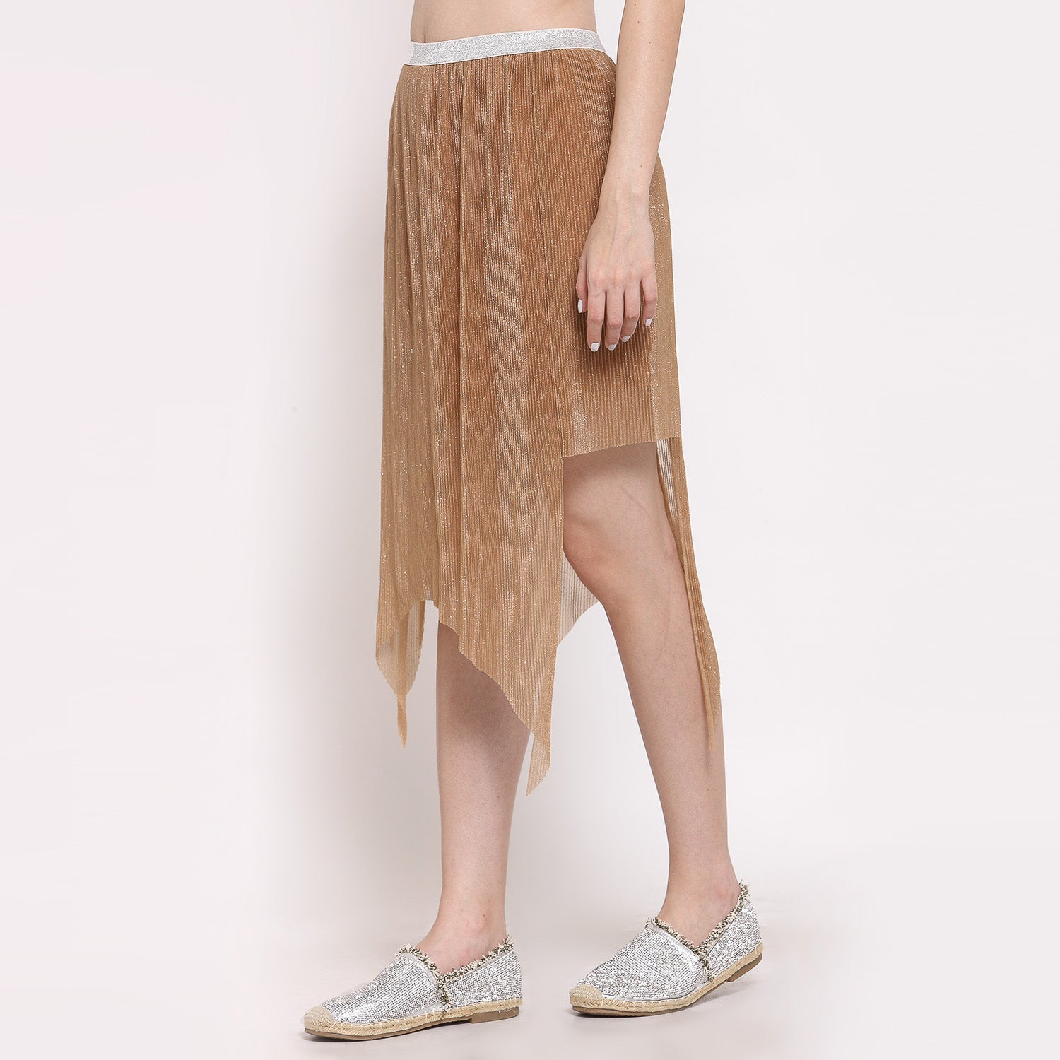 Beige Plisse Asymmetric Skirt for Women