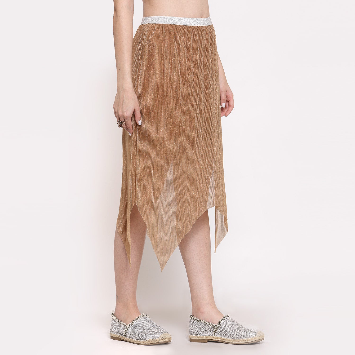 Beige Plisse Asymmetric Skirt for Women-1