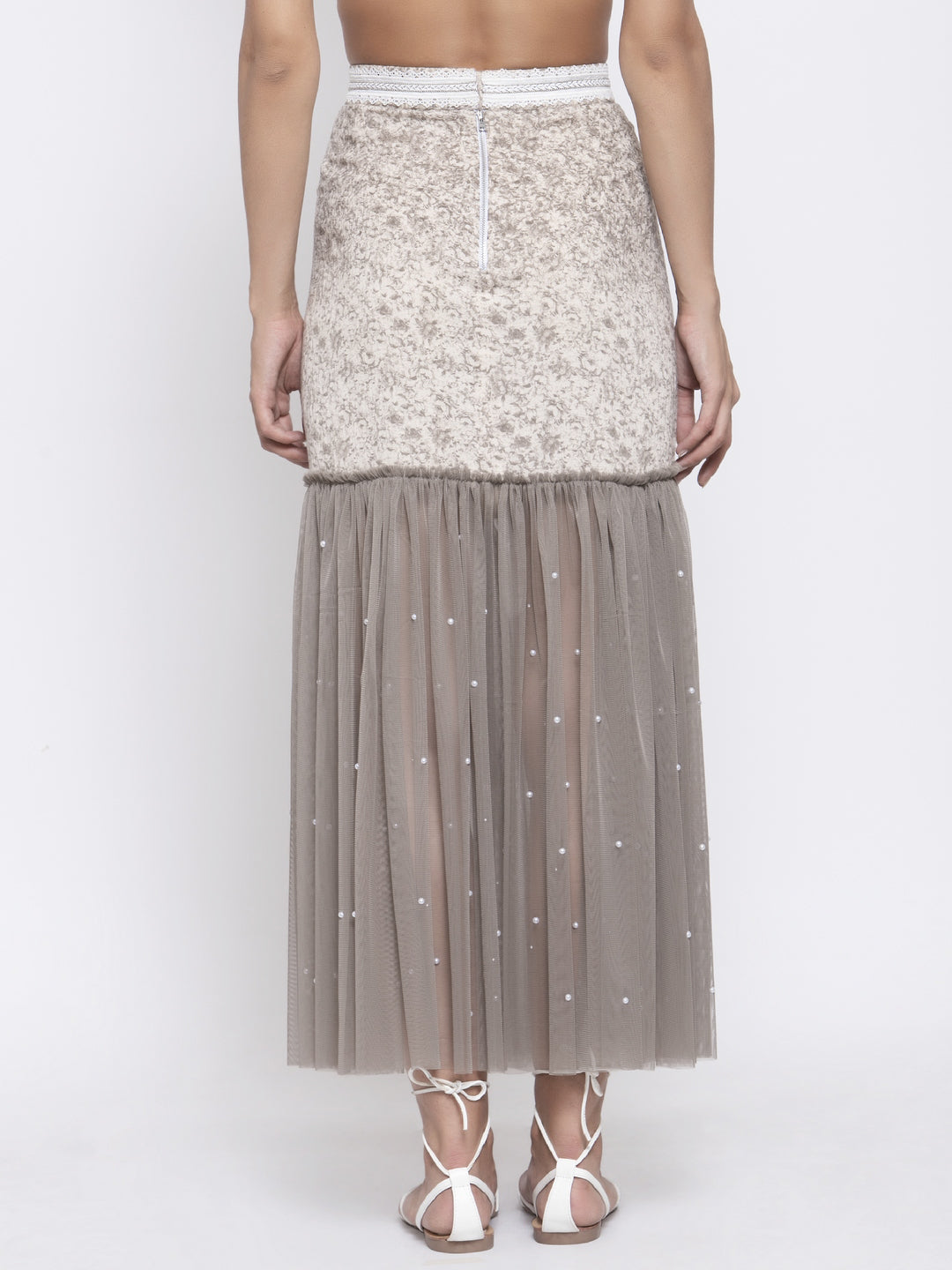 Beige Printed And Net Skirt, skirts for women, long skirts for women, crop top and skirt, women in short skirts