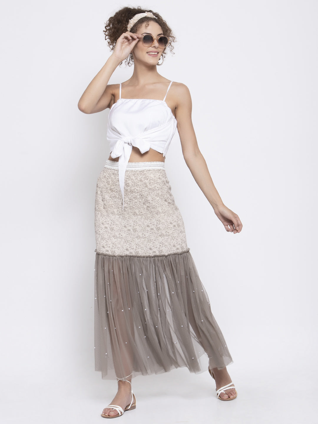 Beige Printed And Net Skirt, skirts for women, long skirts for women, crop top and skirt, women in short skirts