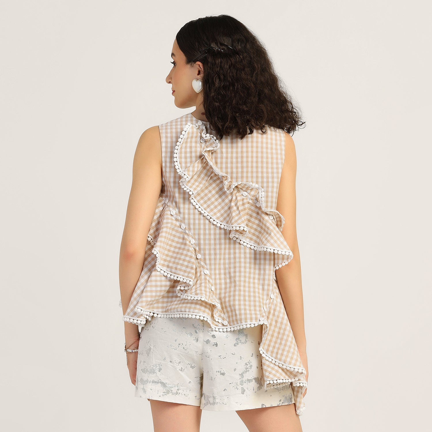 Beige Ruffle Asymmetrical Check Top, tops for women, crop top, crop tops for women, organza tops