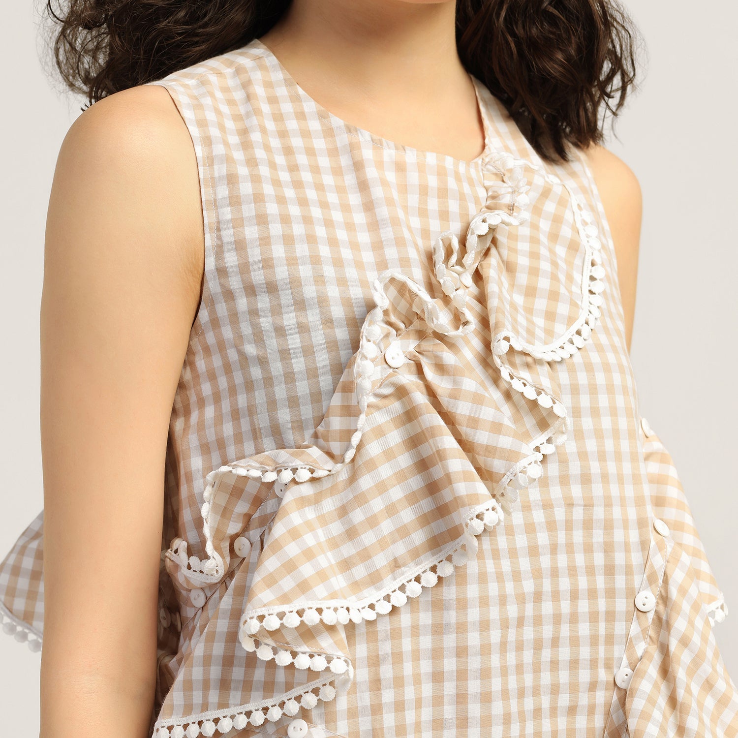 Beige Ruffle Asymmetrical Check Top, tops for women, crop top, crop tops for women, organza tops