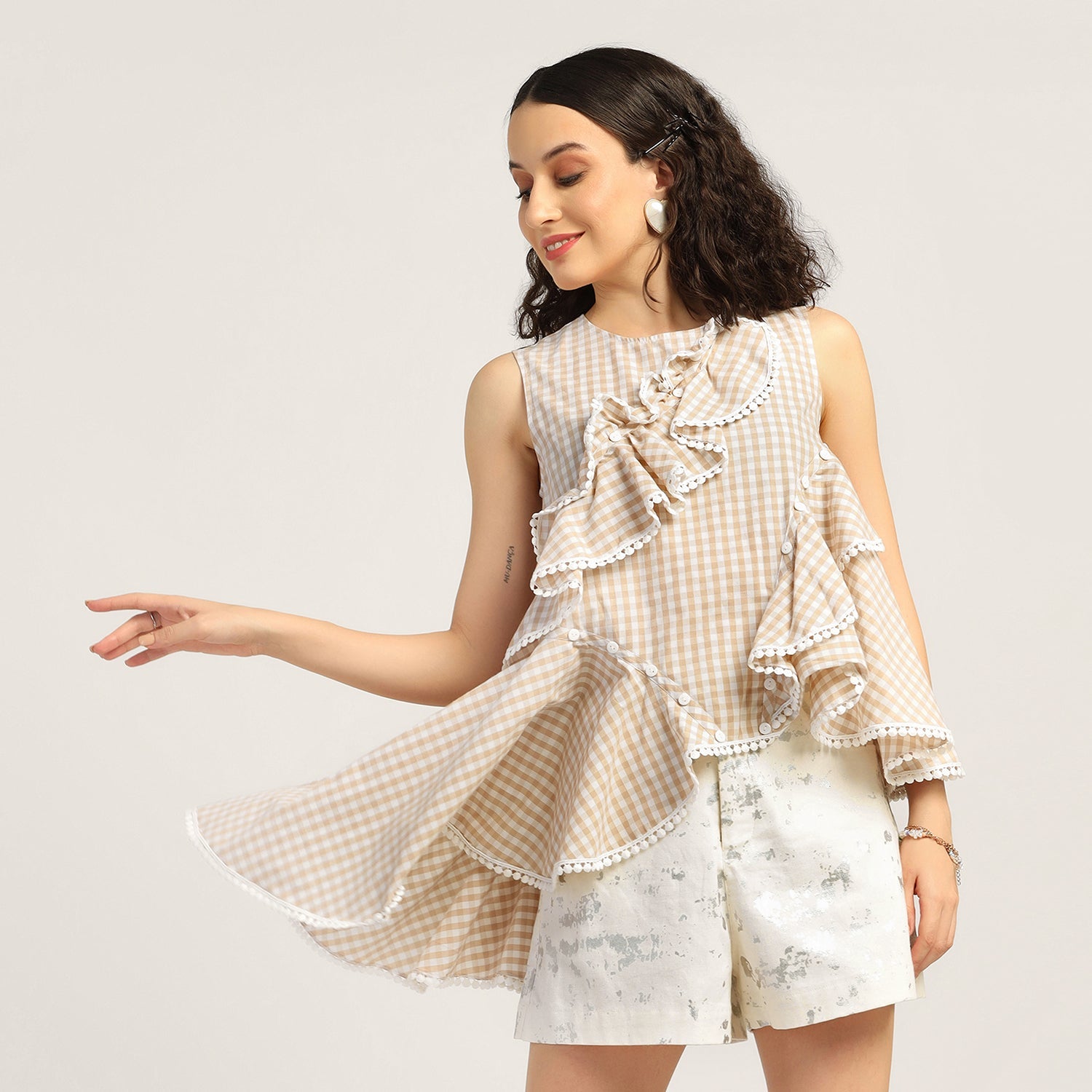 Beige Ruffle Asymmetrical Check Top, tops for women, crop top, crop tops for women, organza tops