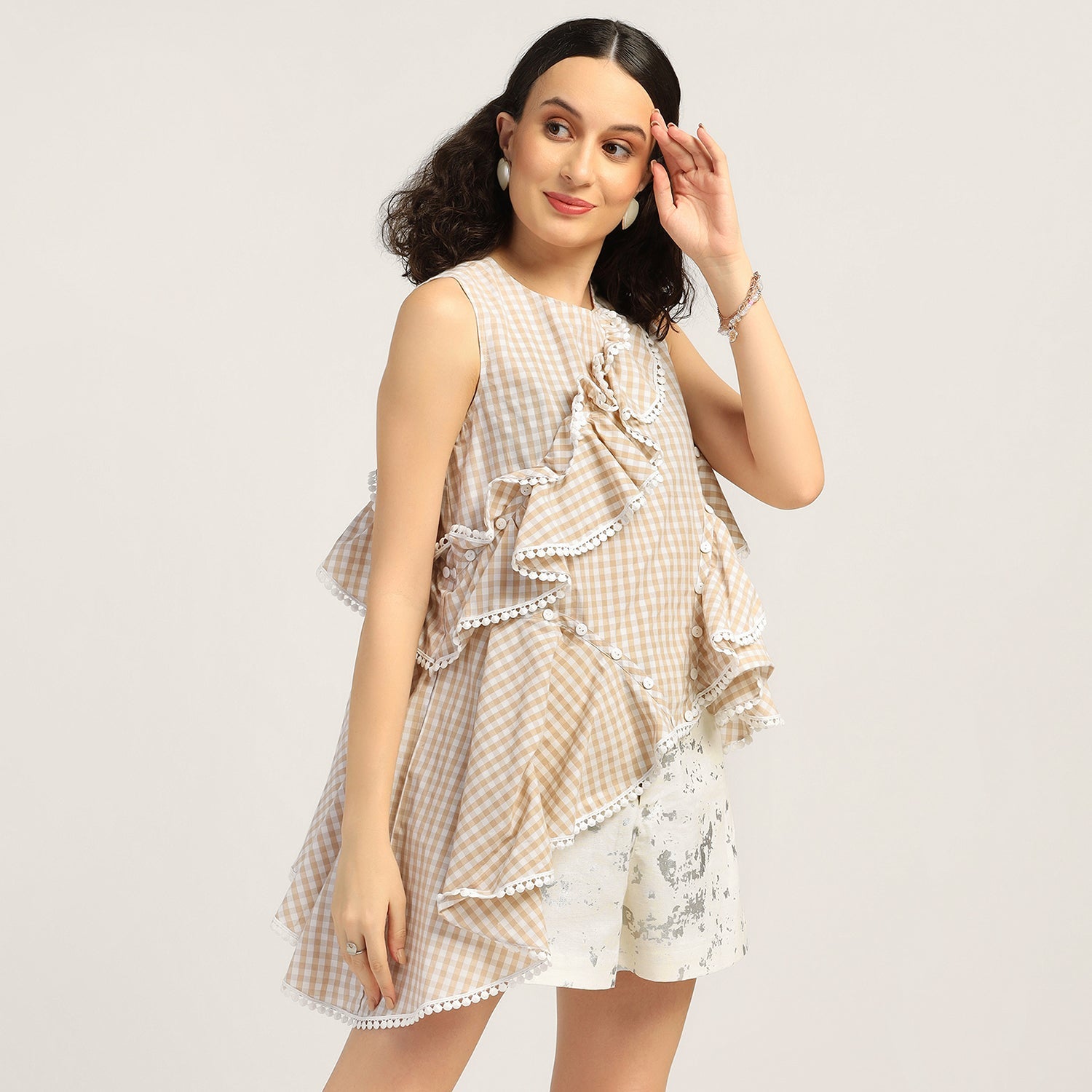 Beige Ruffle Asymmetrical Check Top, tops for women, crop top, crop tops for women, organza tops