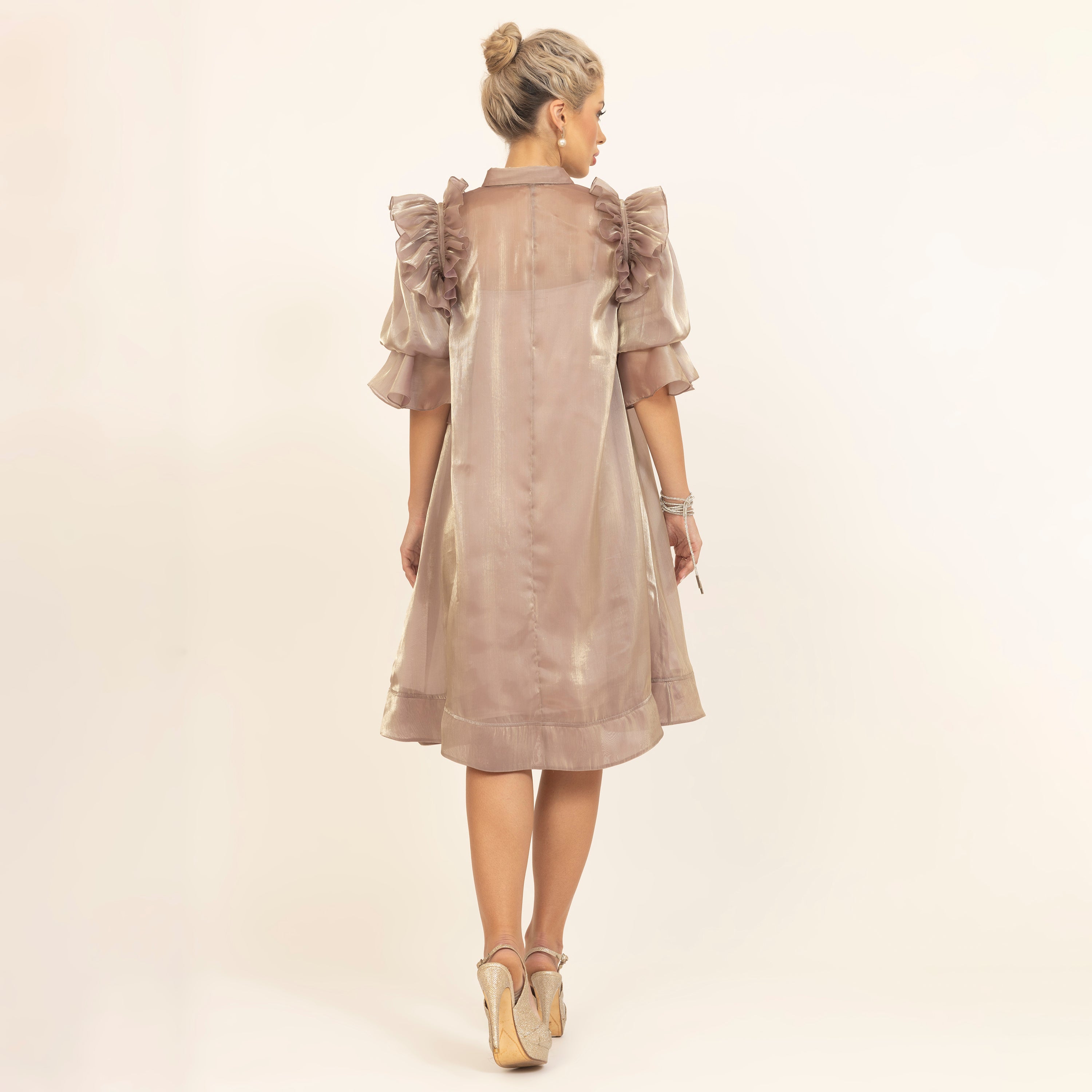 Beige Satin Organza Puff Frill Jacket With Speghetti Inner, dresses for women, women dresses, sleeve design, party wear dress