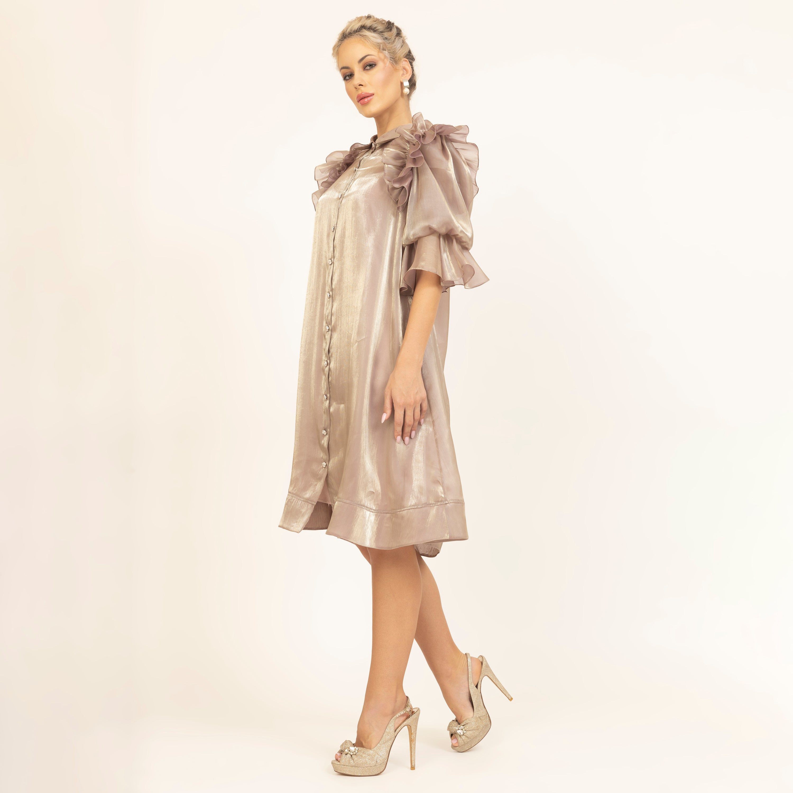 Beige Satin Organza Puff Frill Jacket With Speghetti Inner, dresses for women, women dresses, sleeve design, party wear dress