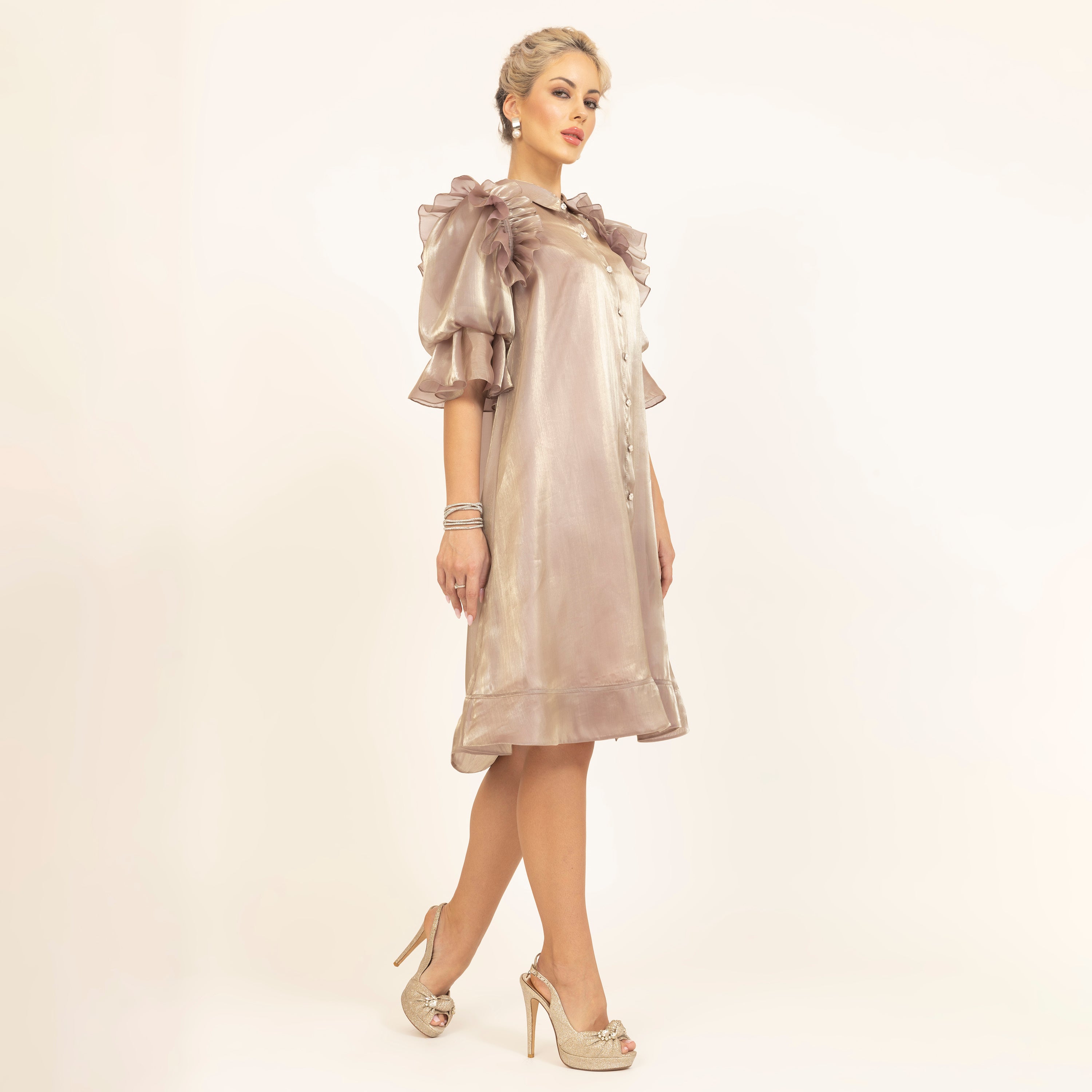 Beige Satin Organza Puff Frill Jacket With Speghetti Inner, dresses for women, women dresses, sleeve design, party wear dress