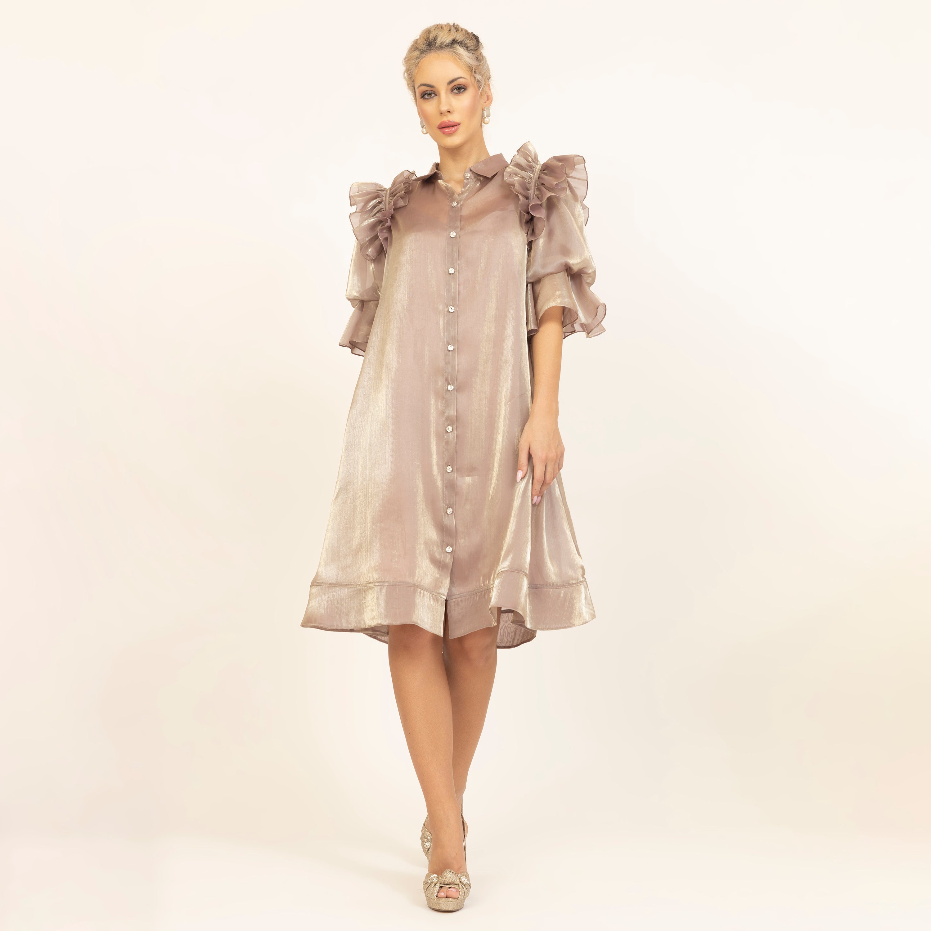 Beige Satin Organza Puff Frill Jacket With Speghetti Inner, dresses for women, women dresses, sleeve design, party wear dress