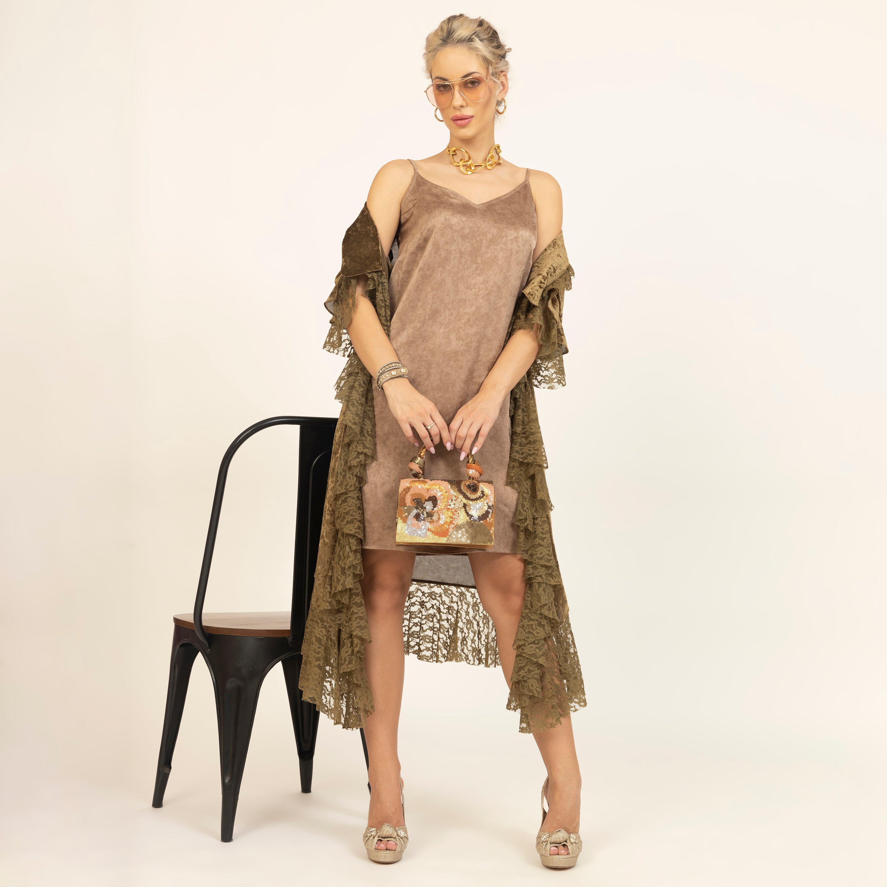 Beige Satin Spaghetti Dress for Women