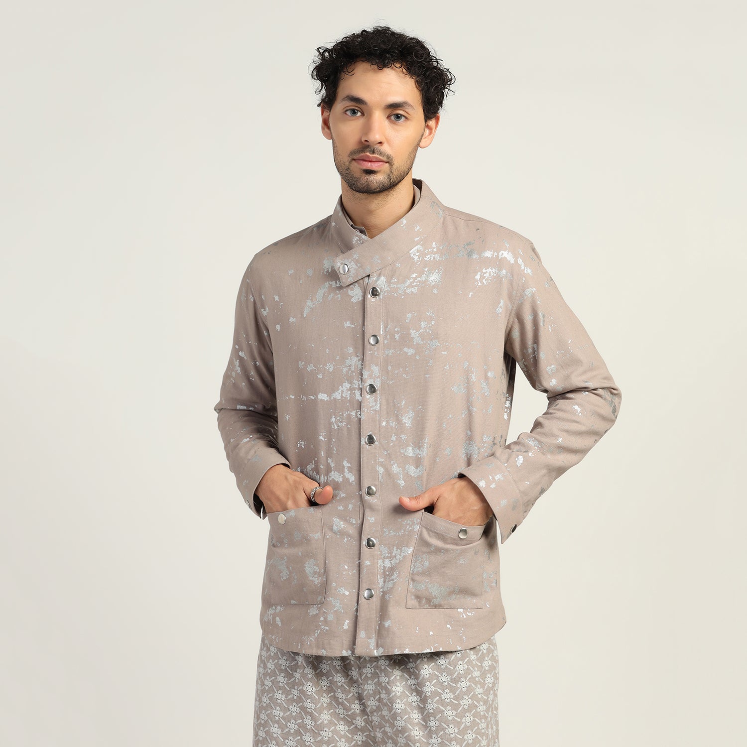 Beige  Silver Overlap Foil Jacket for Men-6