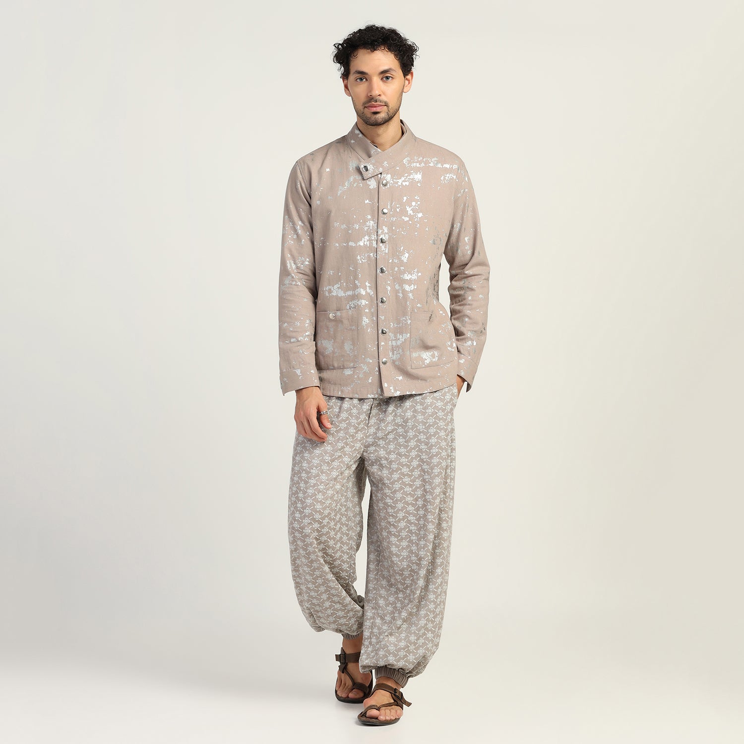 Beige  Silver Overlap Foil Jacket for Men-2