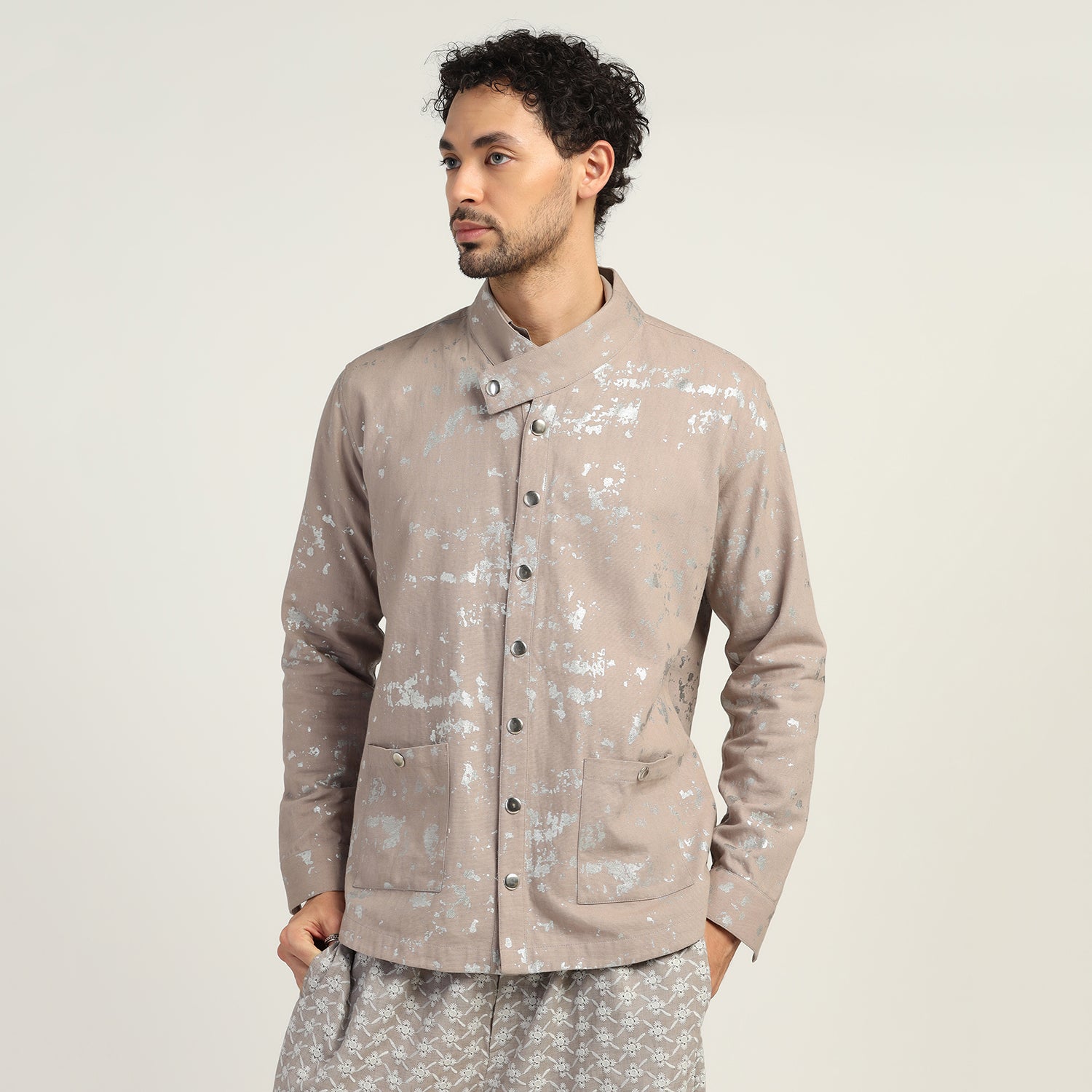Beige  Silver Overlap Foil Jacket for Men-3
