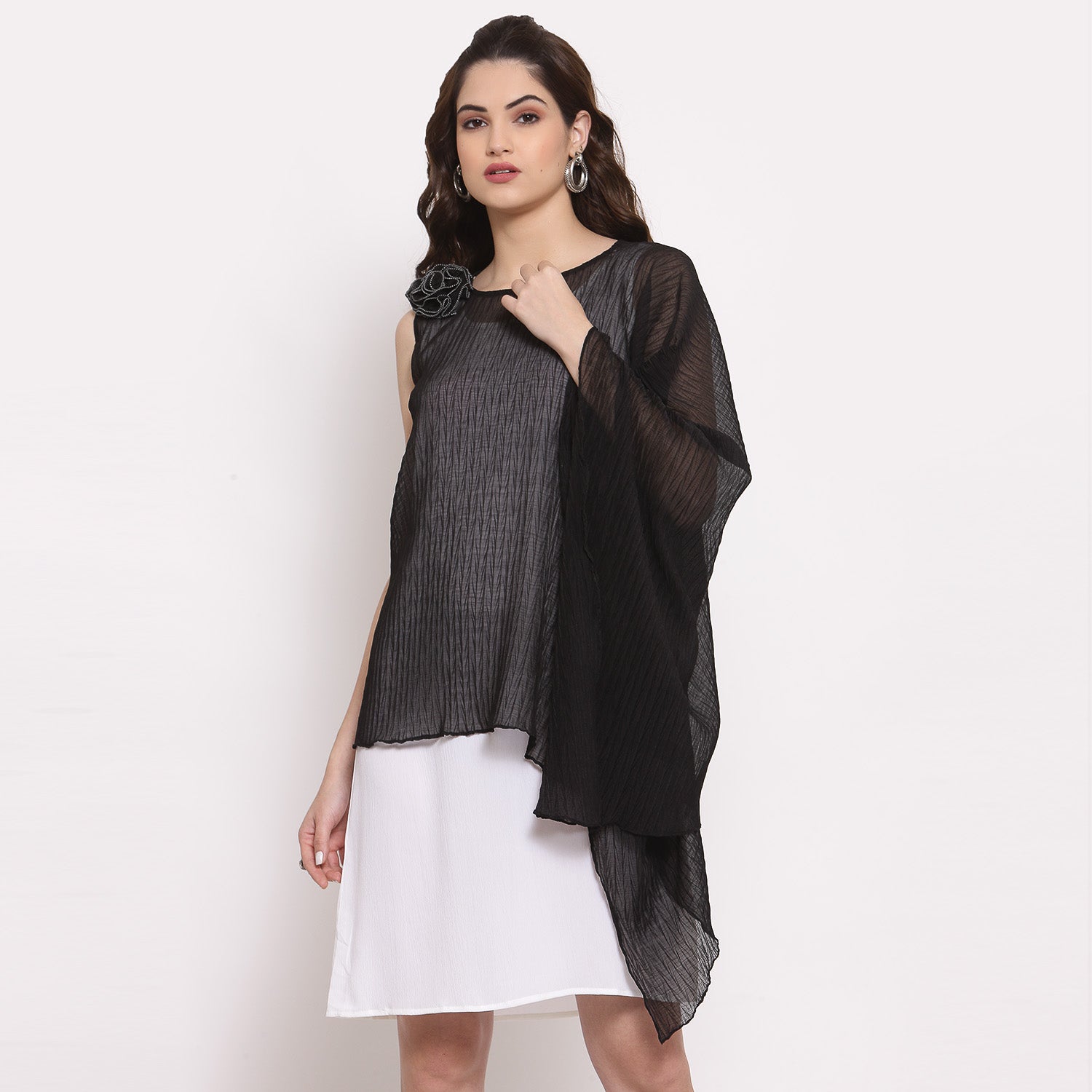 Black Chiffon Plisse Asymmetric Top for Women