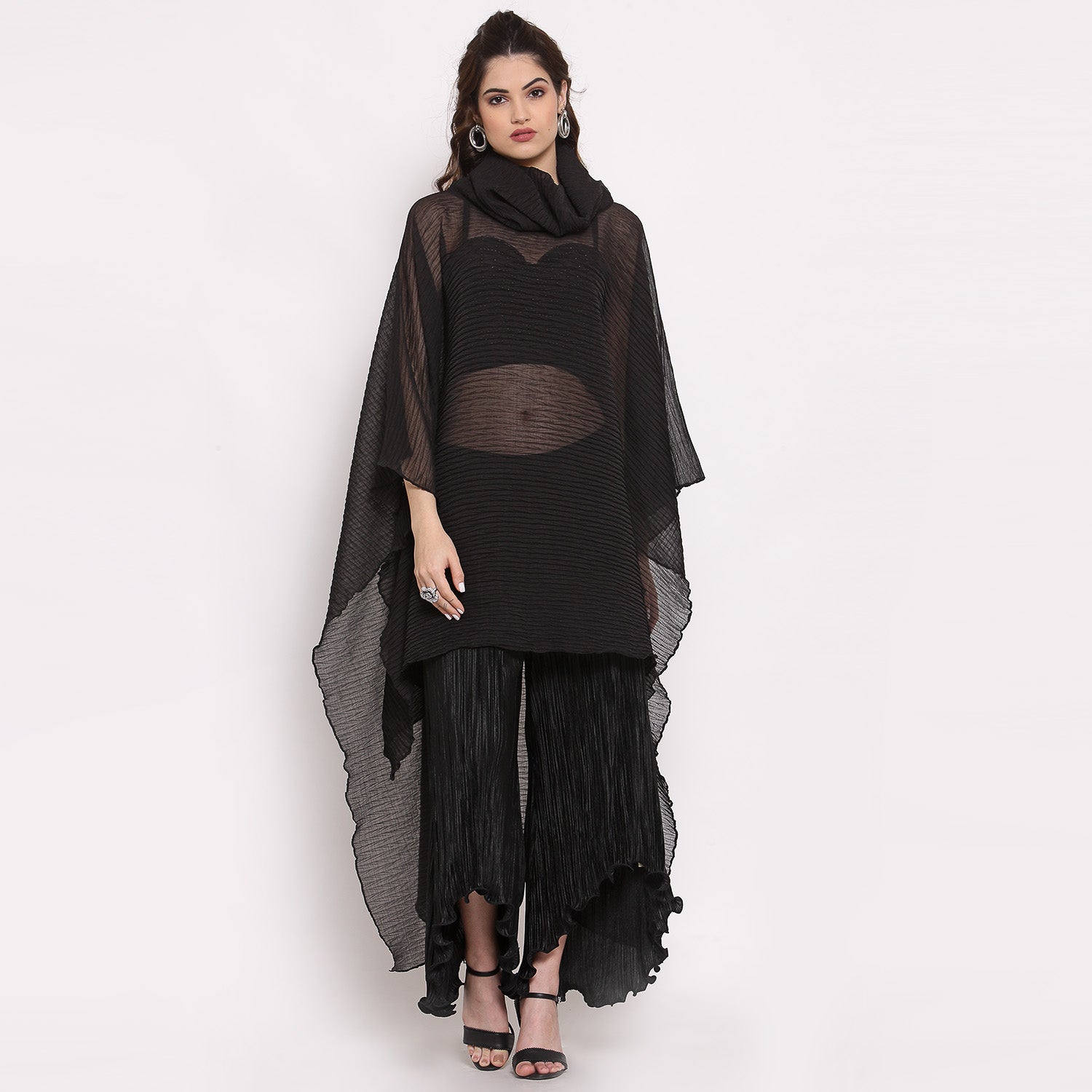 Black Chiffon Plisse Long Kaftan, Kaaftan for women, designer kaaftan, party wear kaaftan, stylish kaaftan