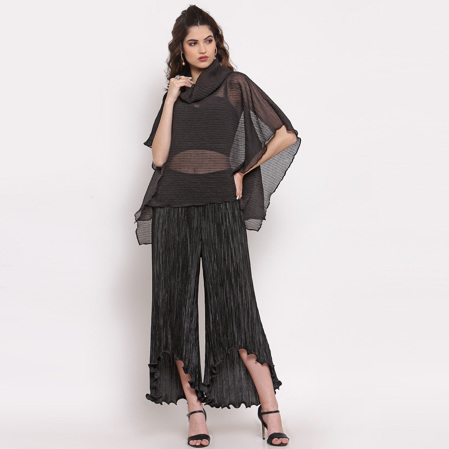 Black Chiffon Plisse Long Kaftan, Kaaftan for women, designer kaaftan, party wear kaaftan, stylish kaaftan