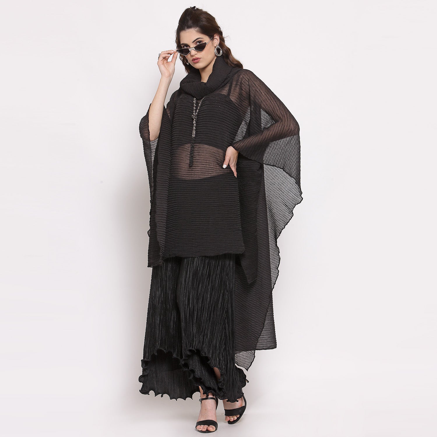 Black Chiffon Plisse Long Kaftan, Kaaftan for women, designer kaaftan, party wear kaaftan, stylish kaaftan