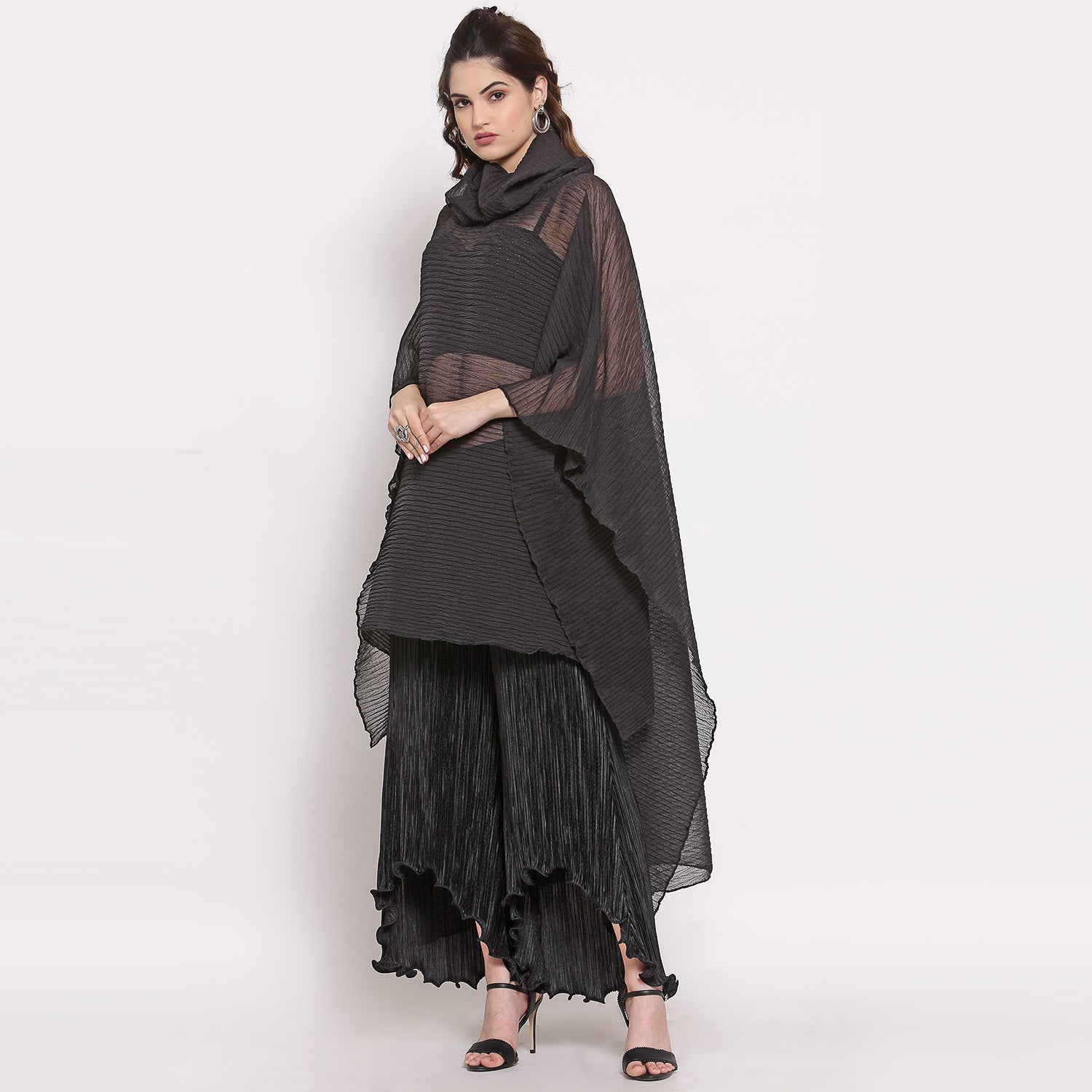 Black Chiffon Plisse Long Kaftan, Kaaftan for women, designer kaaftan, party wear kaaftan, stylish kaaftan