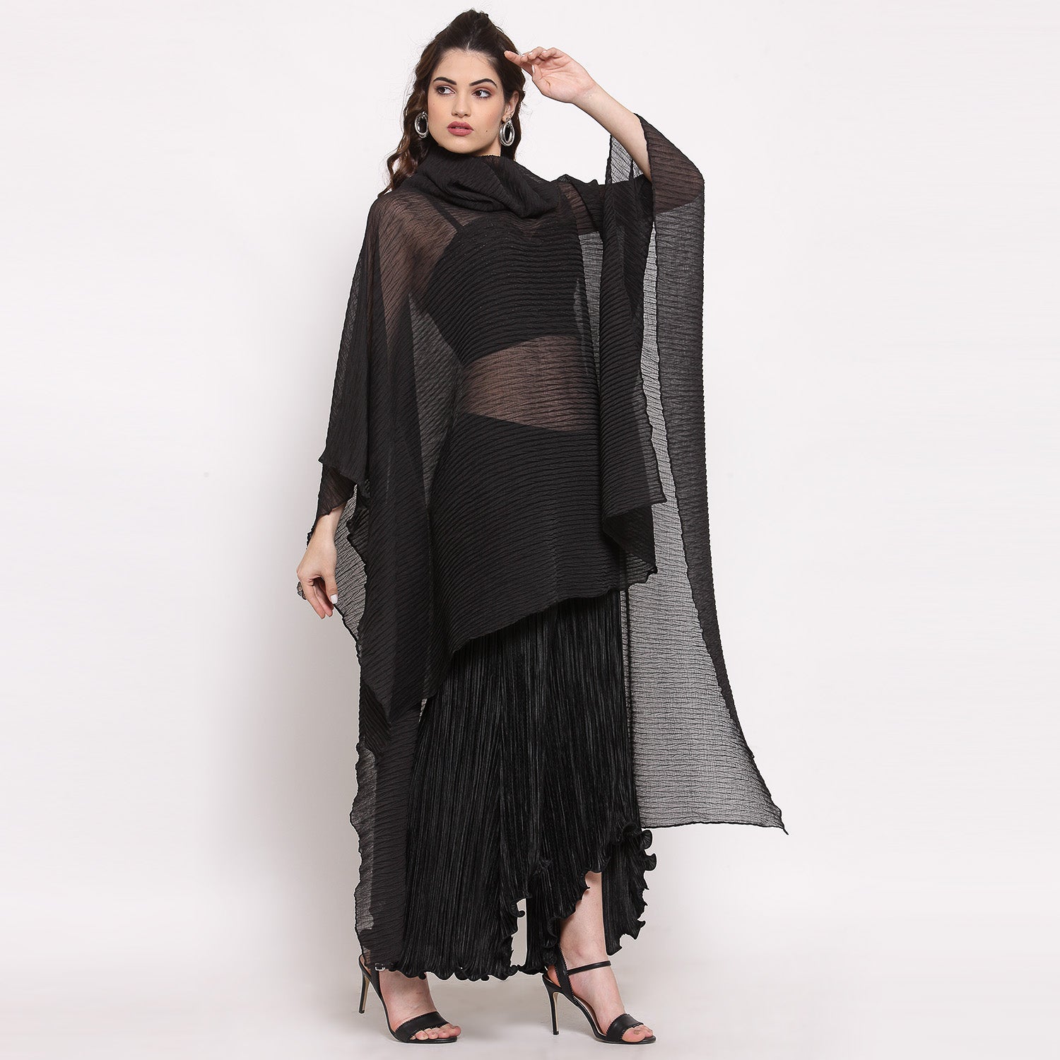 Black Chiffon Plisse Long Kaftan, Kaaftan for women, designer kaaftan, party wear kaaftan, stylish kaaftan