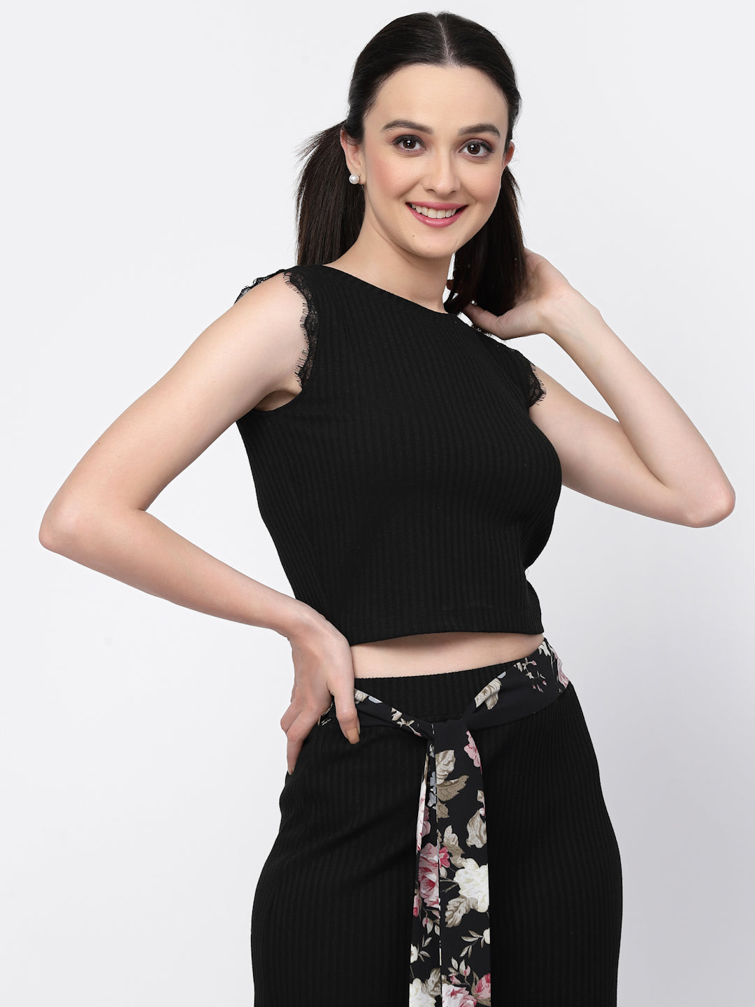 Black Knit Crop Top With Lace, tops for women, crop top, crop tops for women, organza tops