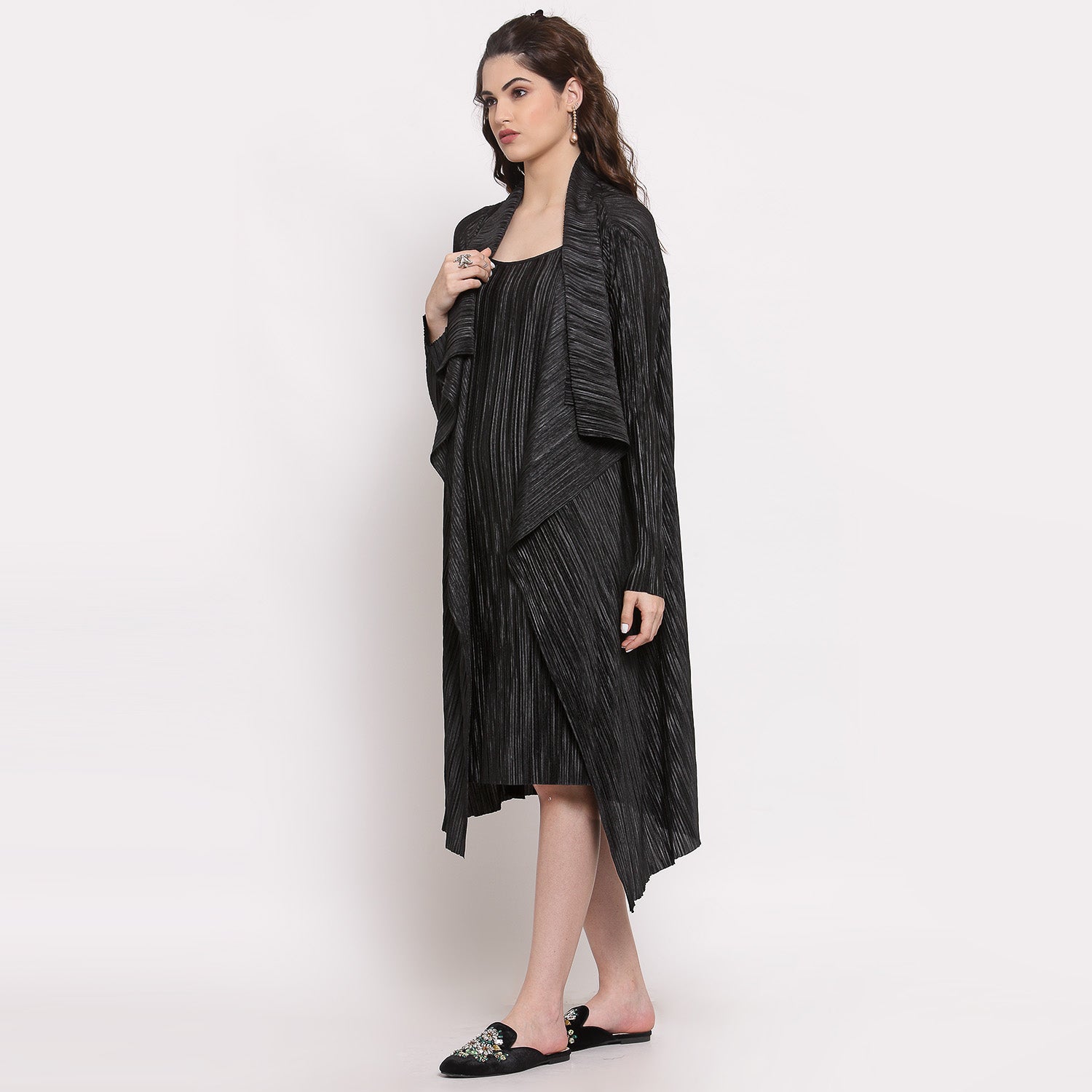 Black Satin Plisse Drape Jacket, Organza jackets, Stylish Jackets, Summer Women’s Jackets, Long Women Jackets , Short jackets for women