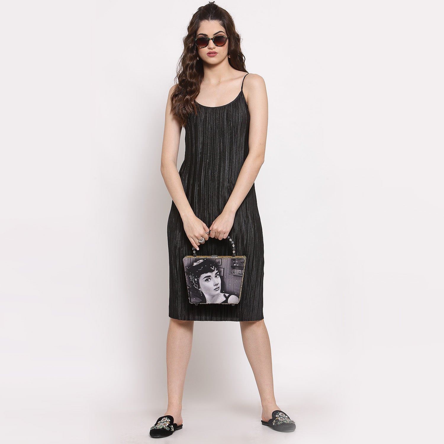 Black Satin Plisse Fabric Spaghetti Dresses for Women