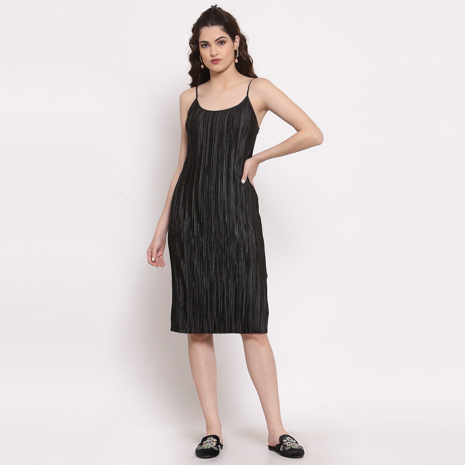 Black Satin Plisse Fabric Spaghetti Dress, Mesh Dress , Party dress , Holographic print dress , sequins dress 