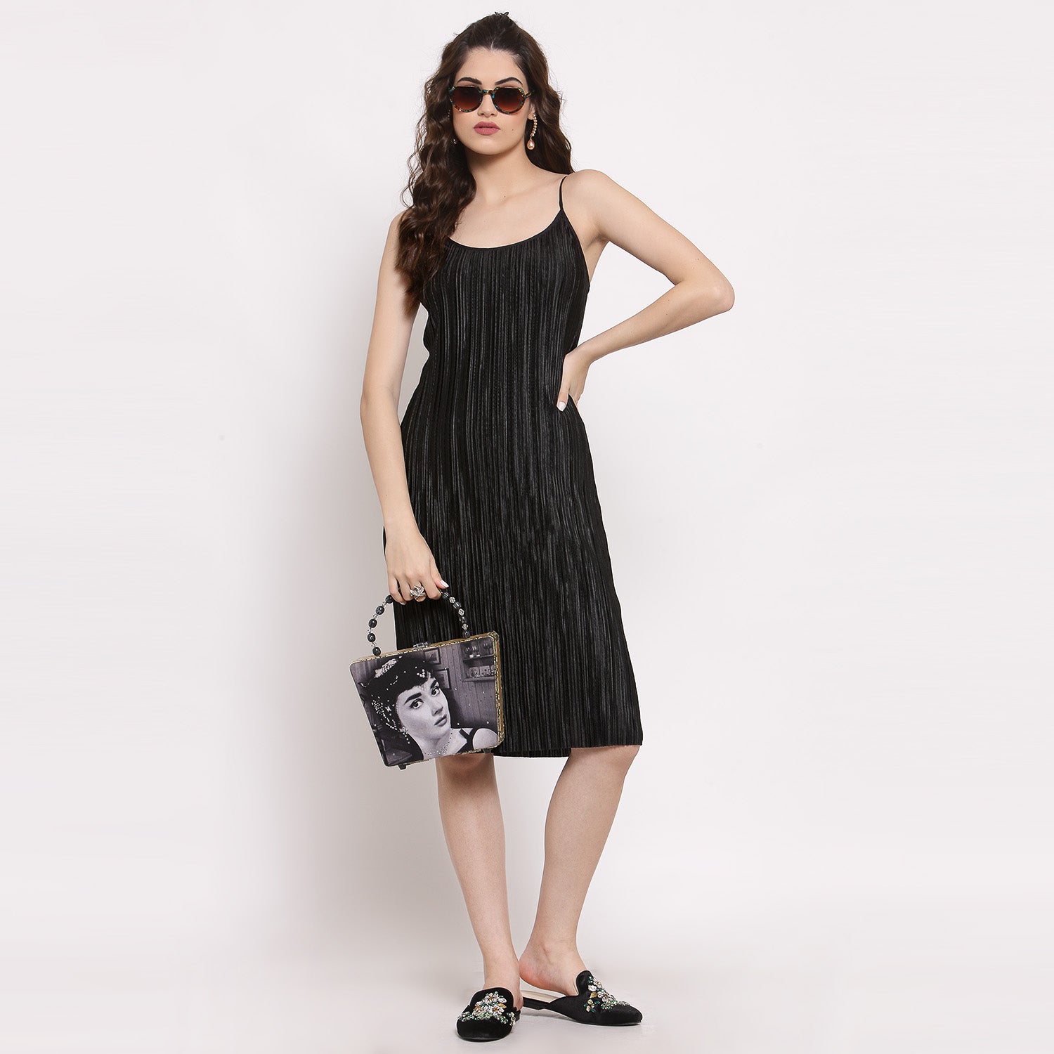 Black Satin Plisse Fabric Spaghetti Dresses for Women-6