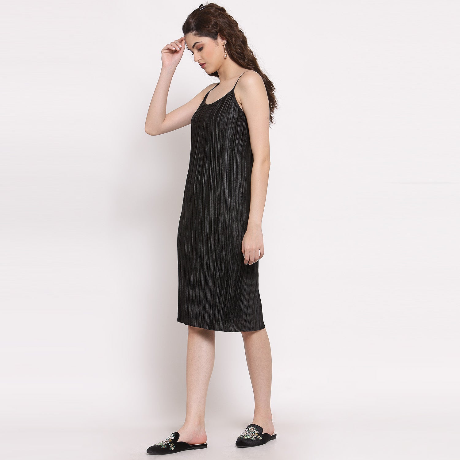 Black Satin Plisse Fabric Spaghetti Dress, Mesh Dress , Party dress , Holographic print dress , sequins dress 
