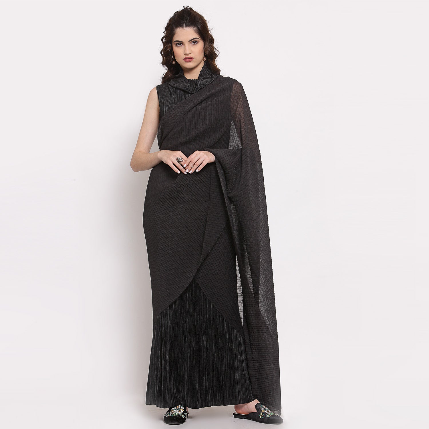 Black Satin Plisse Saree With Chiffon Fabric,  saree for women, saree designs, trendy sarees, party wear saree, party wear saree for women