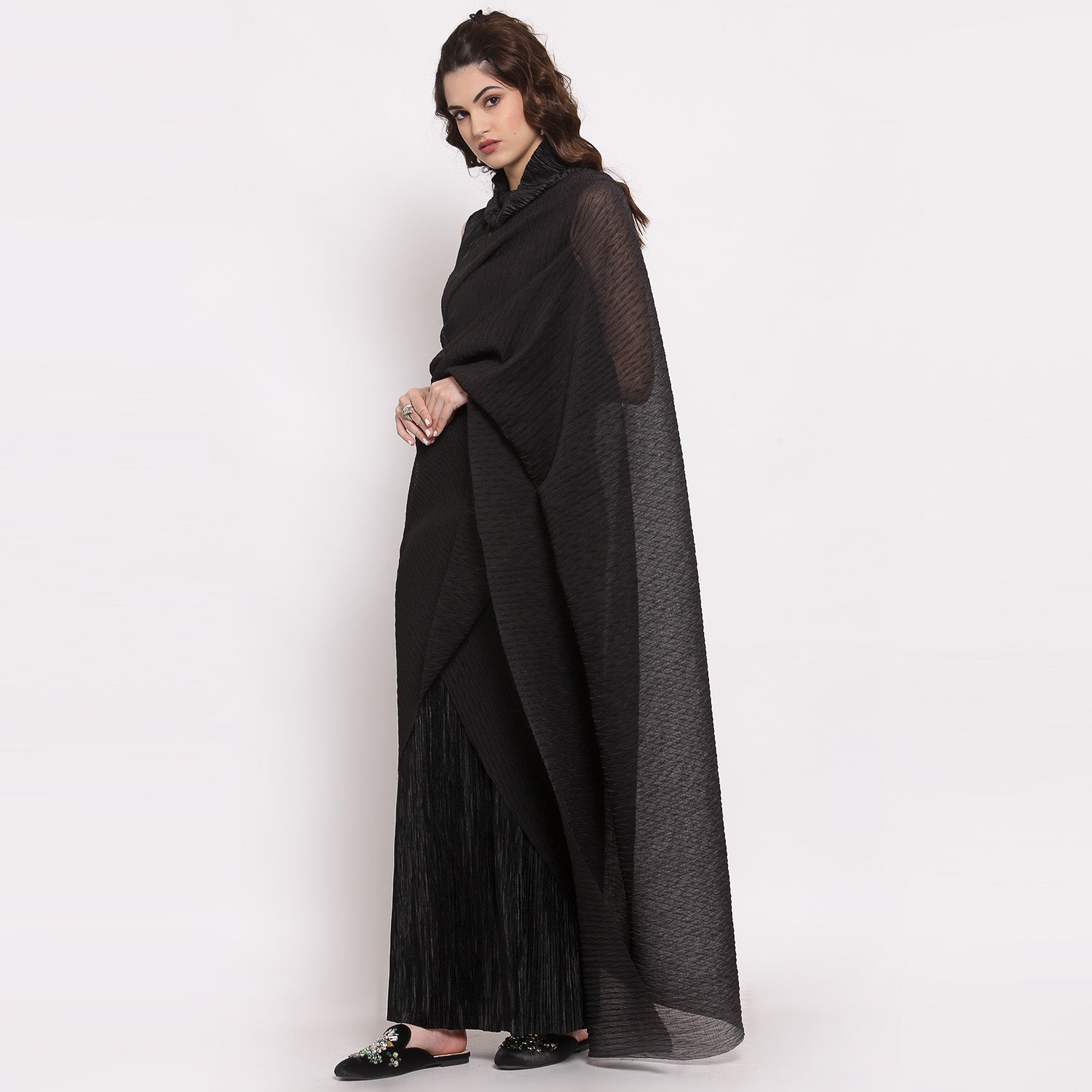 Black Satin Plisse Saree With Chiffon Fabric,  saree for women, saree designs, trendy sarees, party wear saree, party wear saree for women