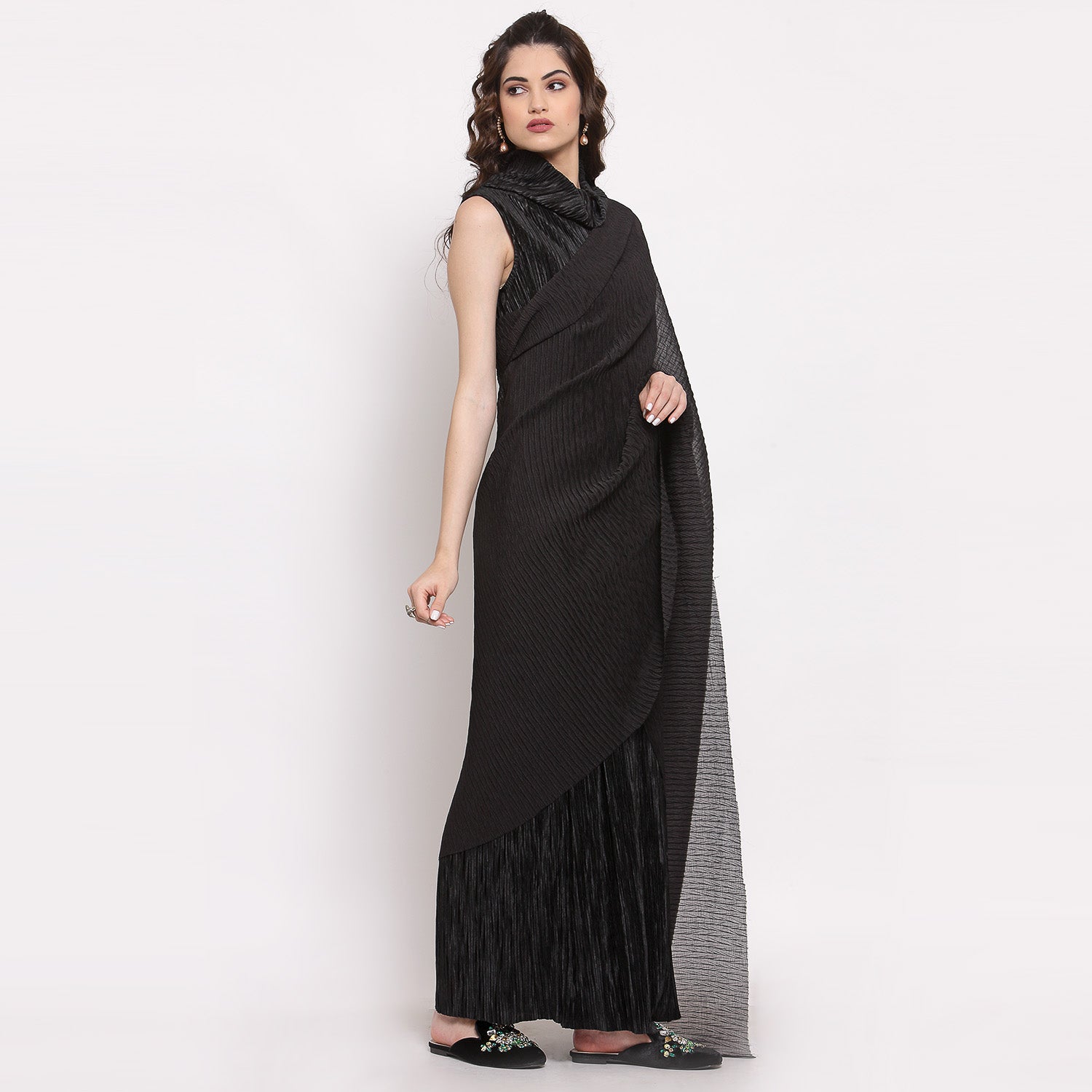 Black Satin Plisse Saree With Chiffon Fabric,  saree for women, saree designs, trendy sarees, party wear saree, party wear saree for women