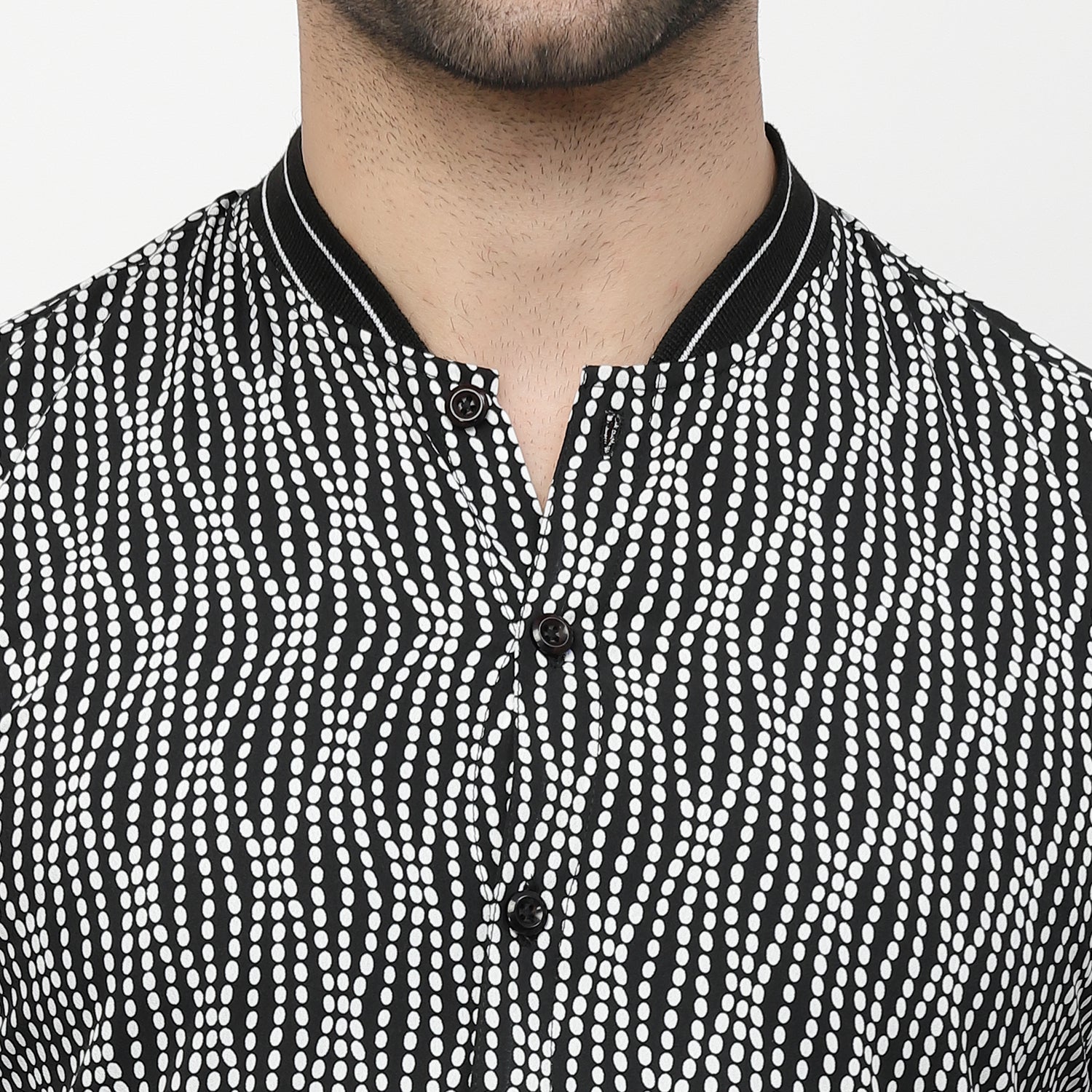 Black & White Polka Shirt With Ribbed Collar, shirts for men, men shirts, designer shirts, stylish shirts, shirt design