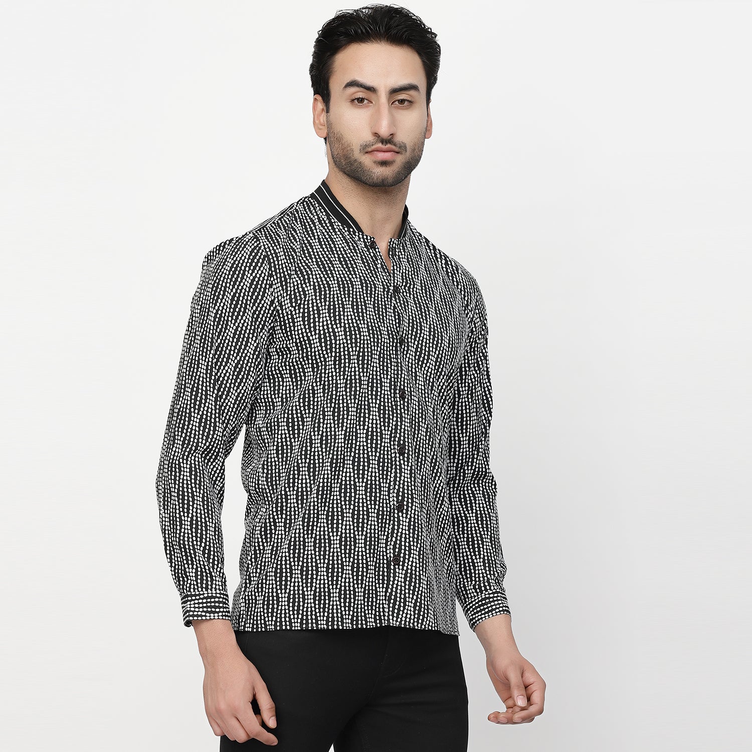 Black & White Polka Shirt With Ribbed Collar, shirts for men, men shirts, designer shirts, stylish shirts, shirt design