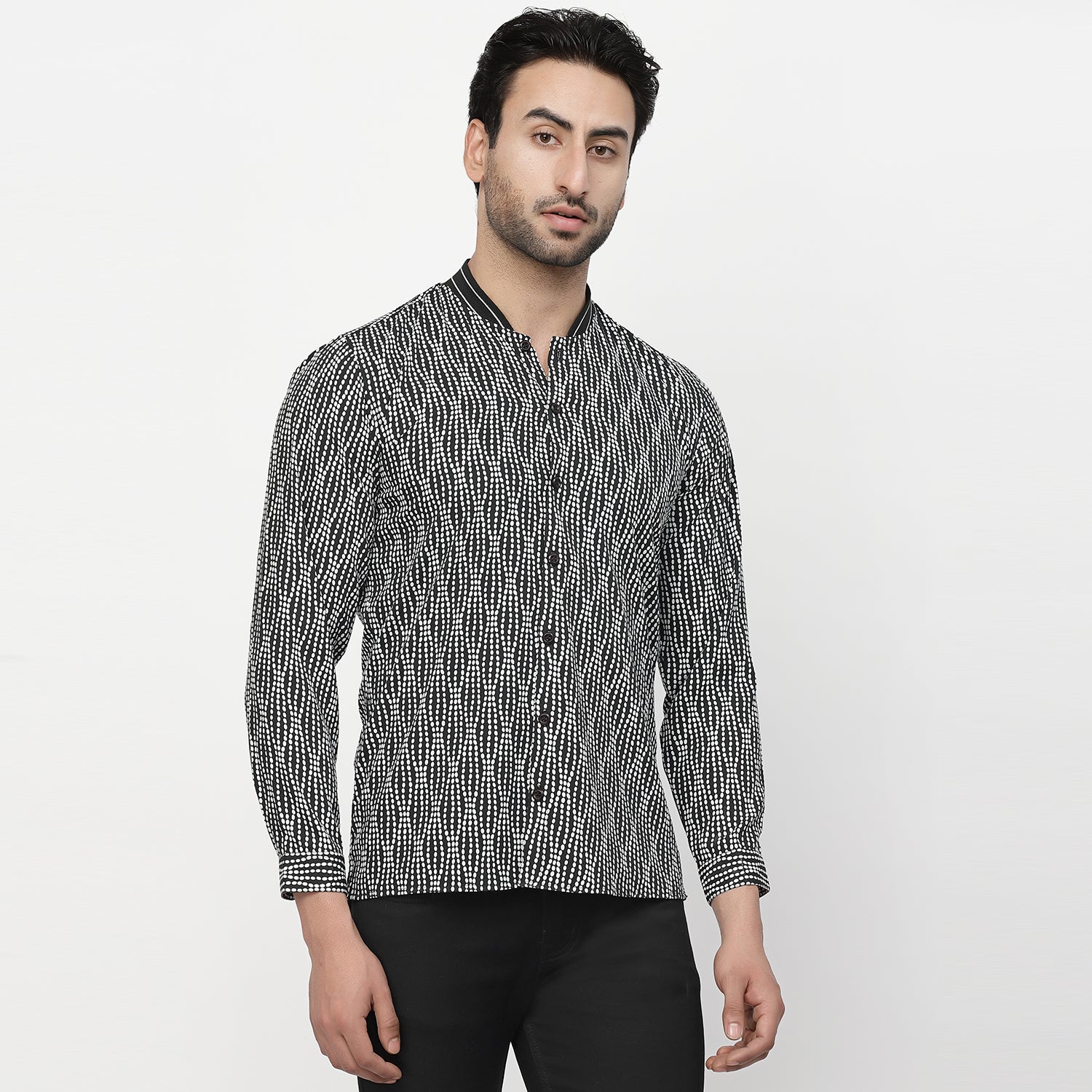 Black & White Polka Shirt With Ribbed Collar, shirts for men, men shirts, designer shirts, stylish shirts, shirt design
