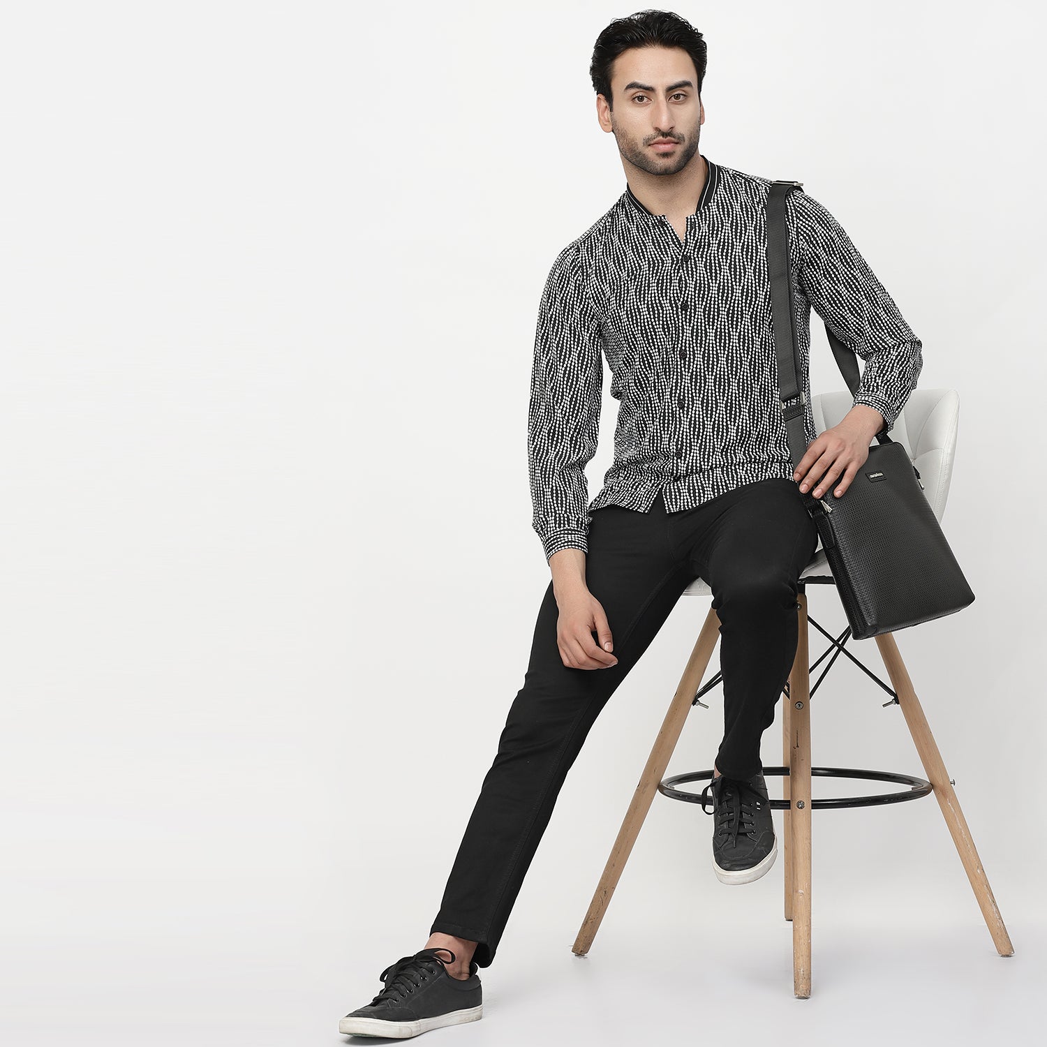 Black & White Polka Shirt With Ribbed Collar, shirts for men, men shirts, designer shirts, stylish shirts, shirt design