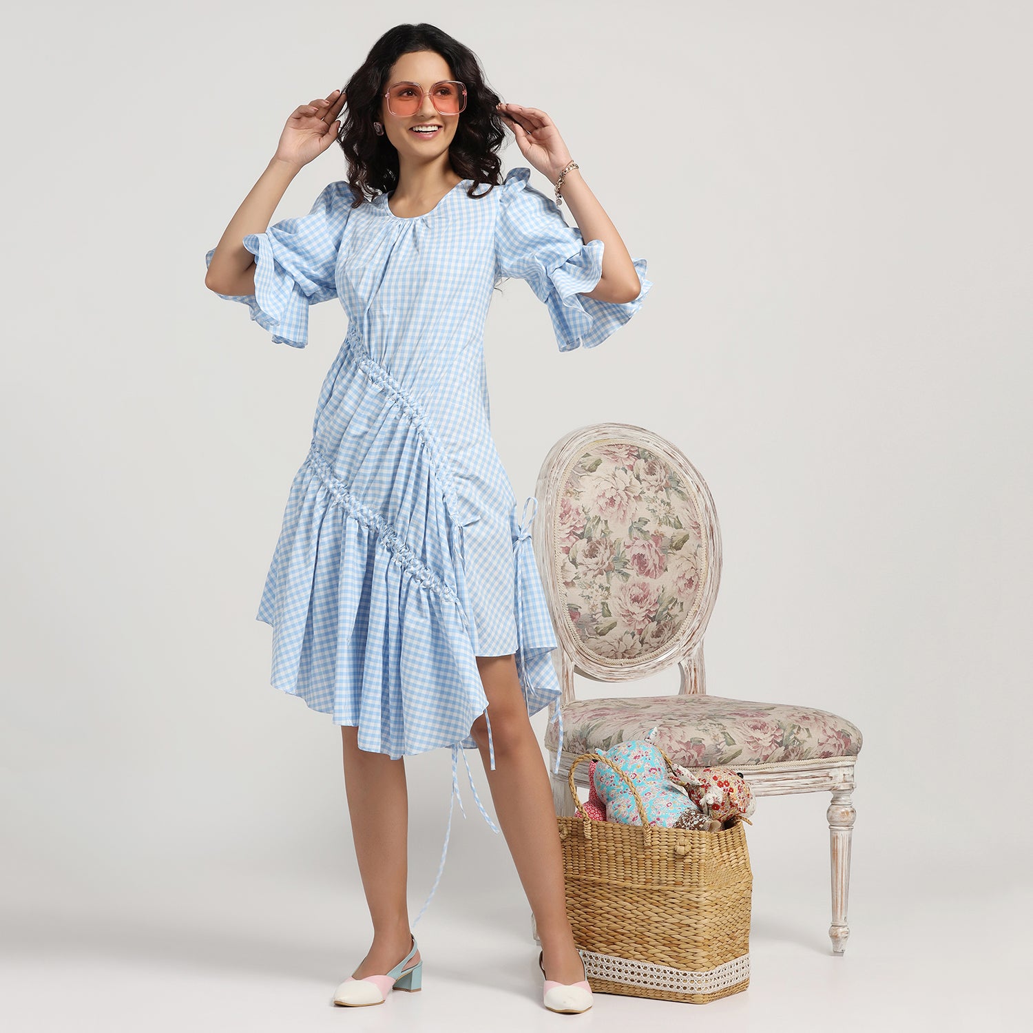 Blue Check Asymmetrical Dress for Women