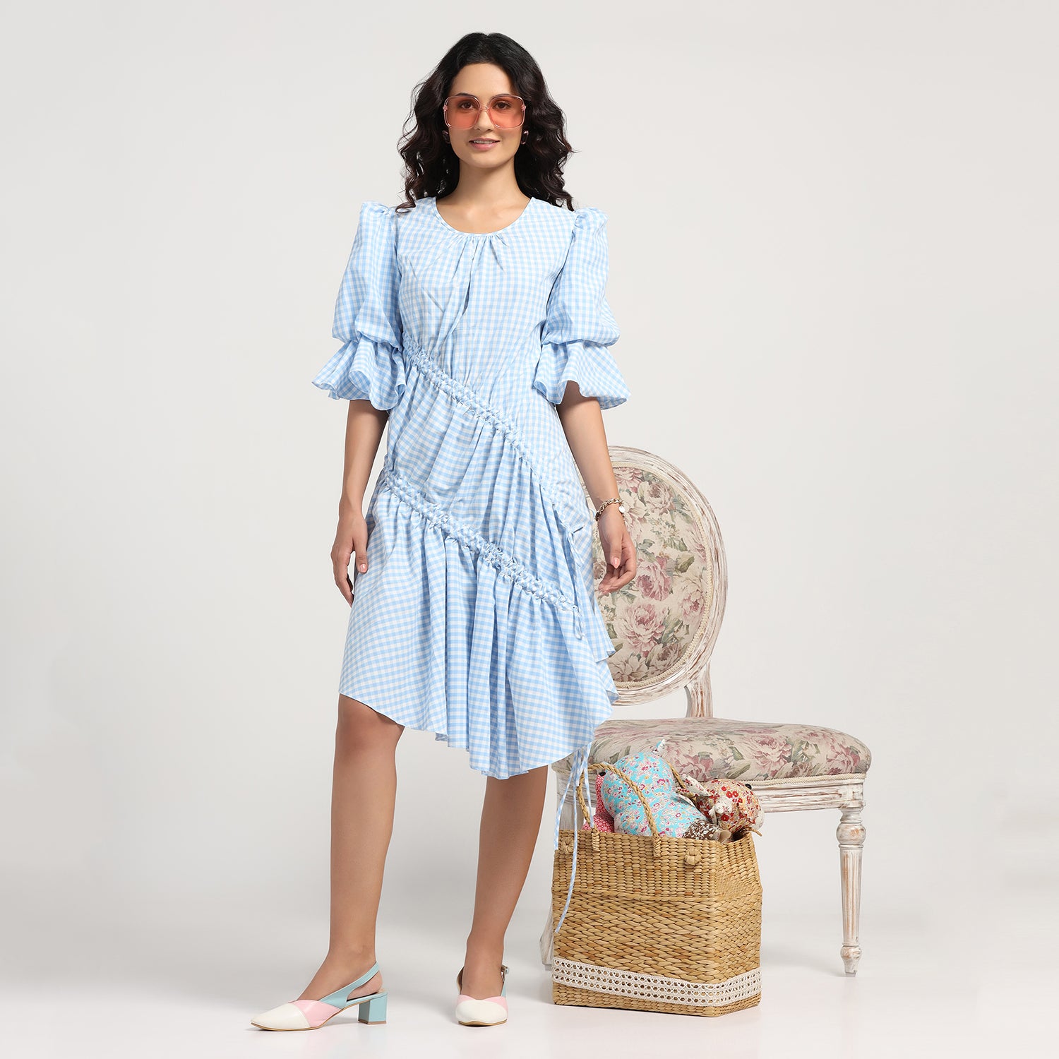 Blue Check Asymmetrical Dress With Strings, Mesh Dress , Party dress , Holographic print dress , sequins dress 