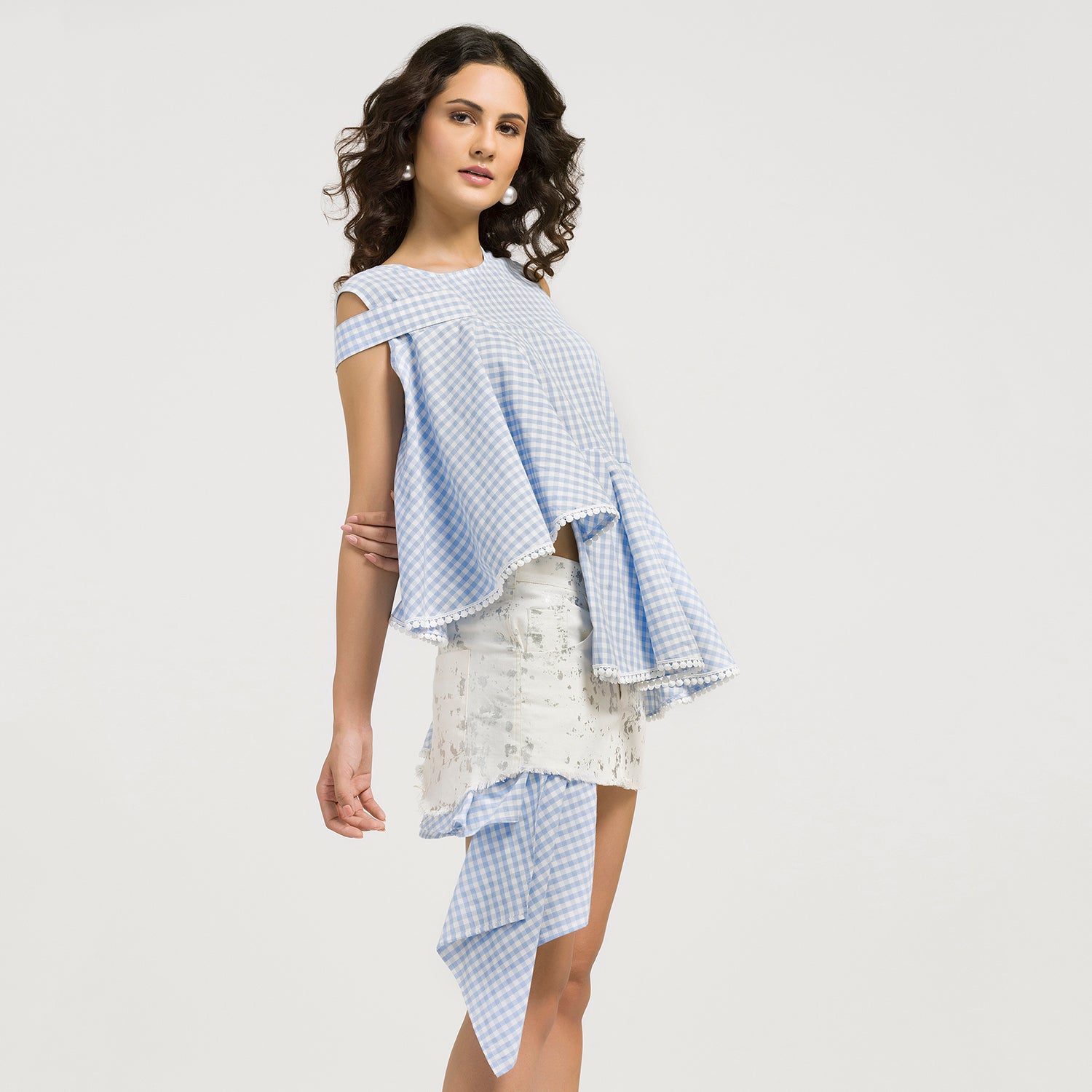 Blue Check Asymmetrical Top for women
