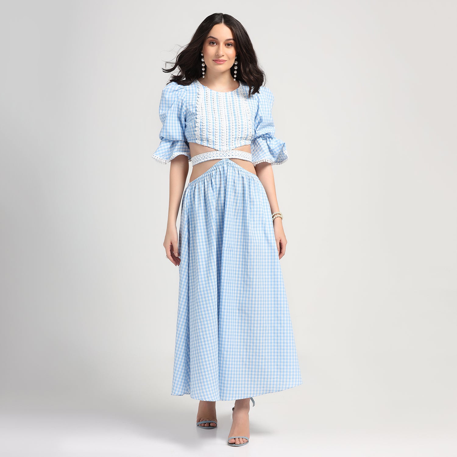 Blue Check Dress With Lace Yoke & Tie Belt, Mesh Dress , Party dress , Holographic print dress , sequins dress 