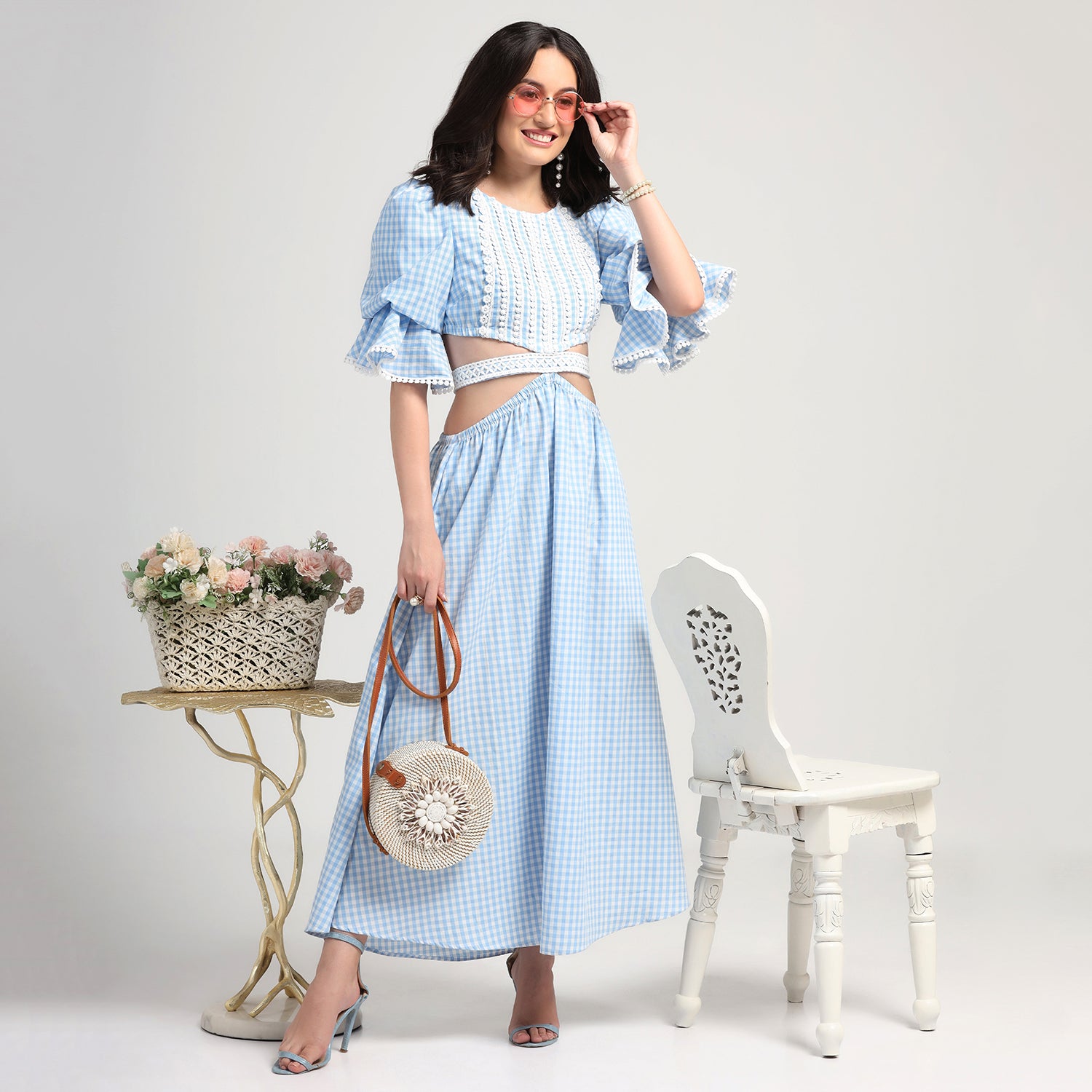 Blue Check Dress With Lace Yoke & Tie Belt, Mesh Dress , Party dress , Holographic print dress , sequins dress 